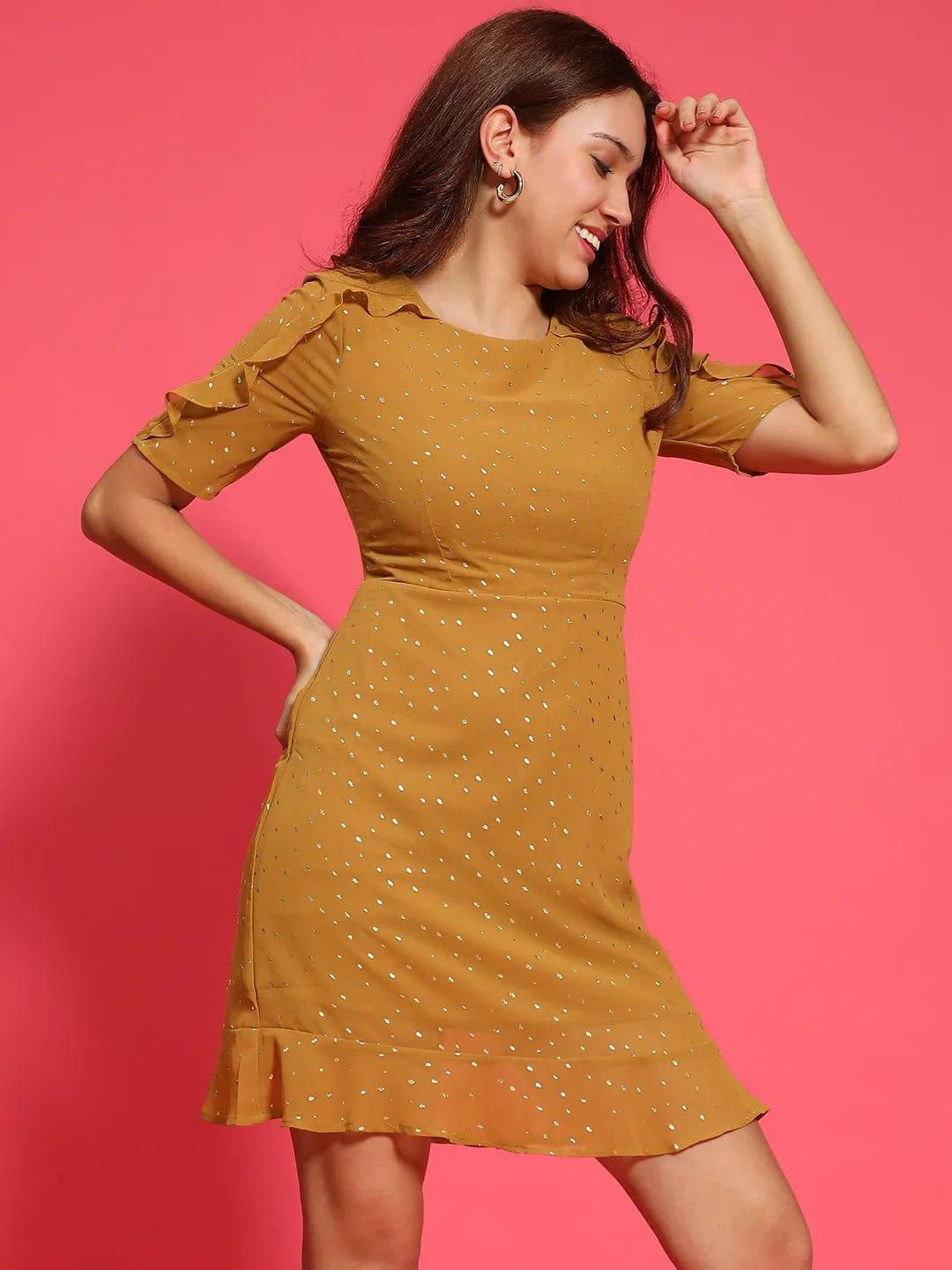 Vivid Mustard Color Ruffle Detail Foil Print Women Dress - oxolloxo