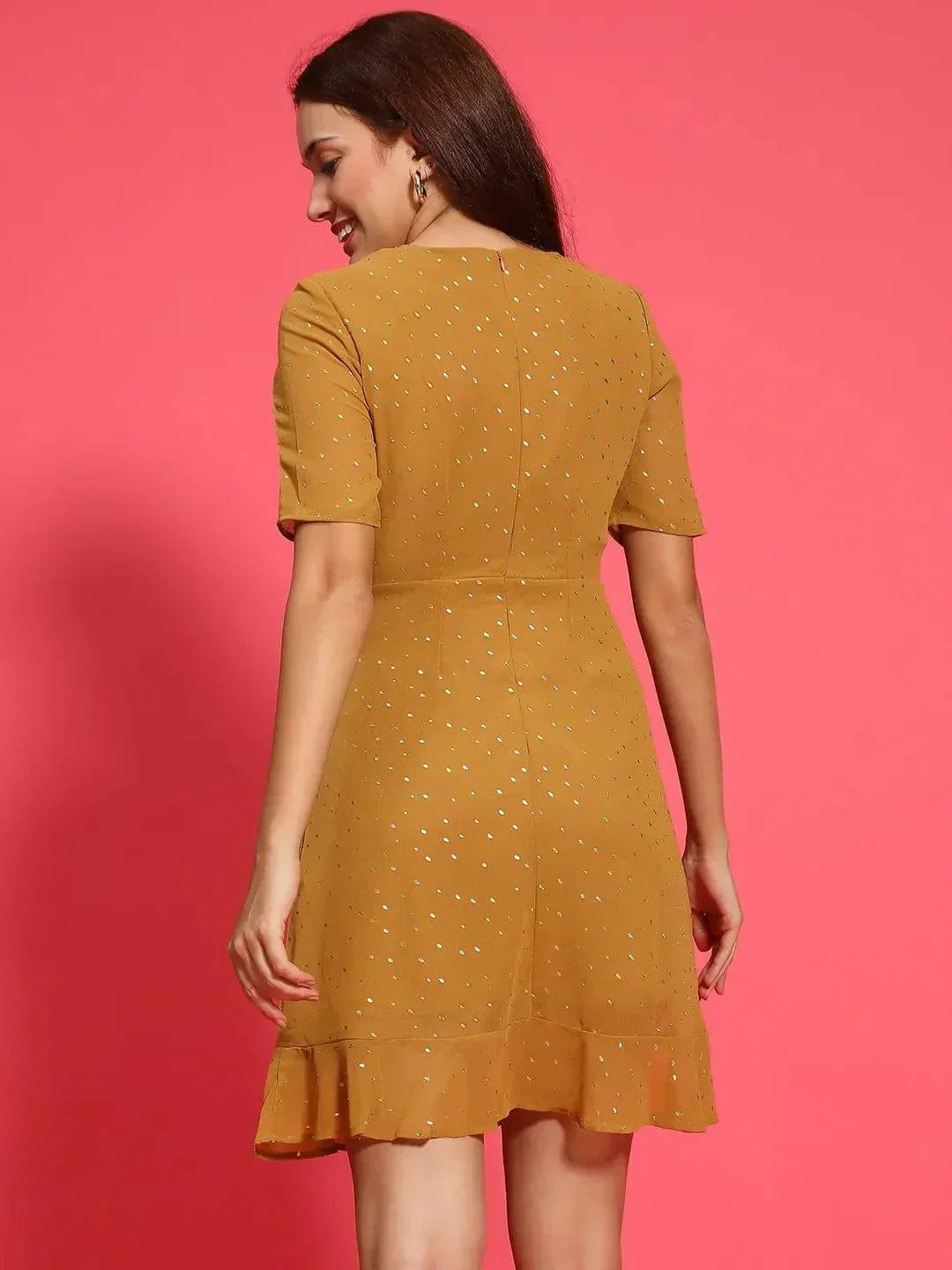 Vivid Mustard Color Ruffle Detail Foil Print Women Dress - oxolloxo