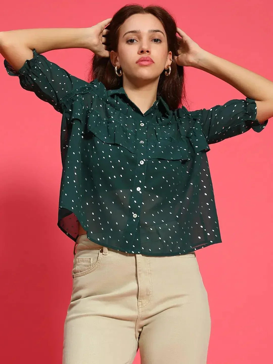 Glimmering Green Ruffle Detail Foil Print Women Party Wear Shirt - oxolloxo