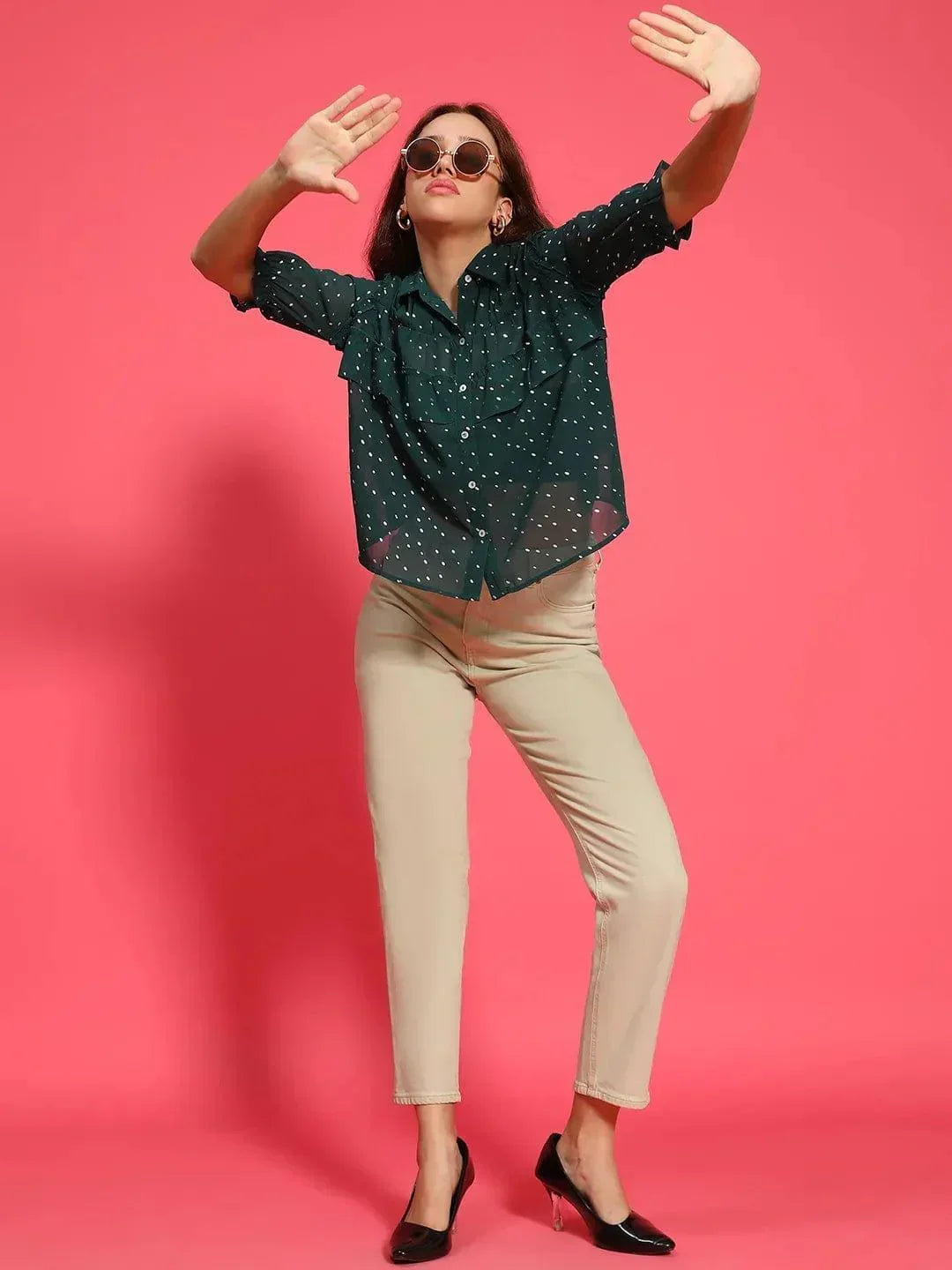 Glimmering Green Ruffle Detail Foil Print Women Party Wear Shirt - oxolloxo