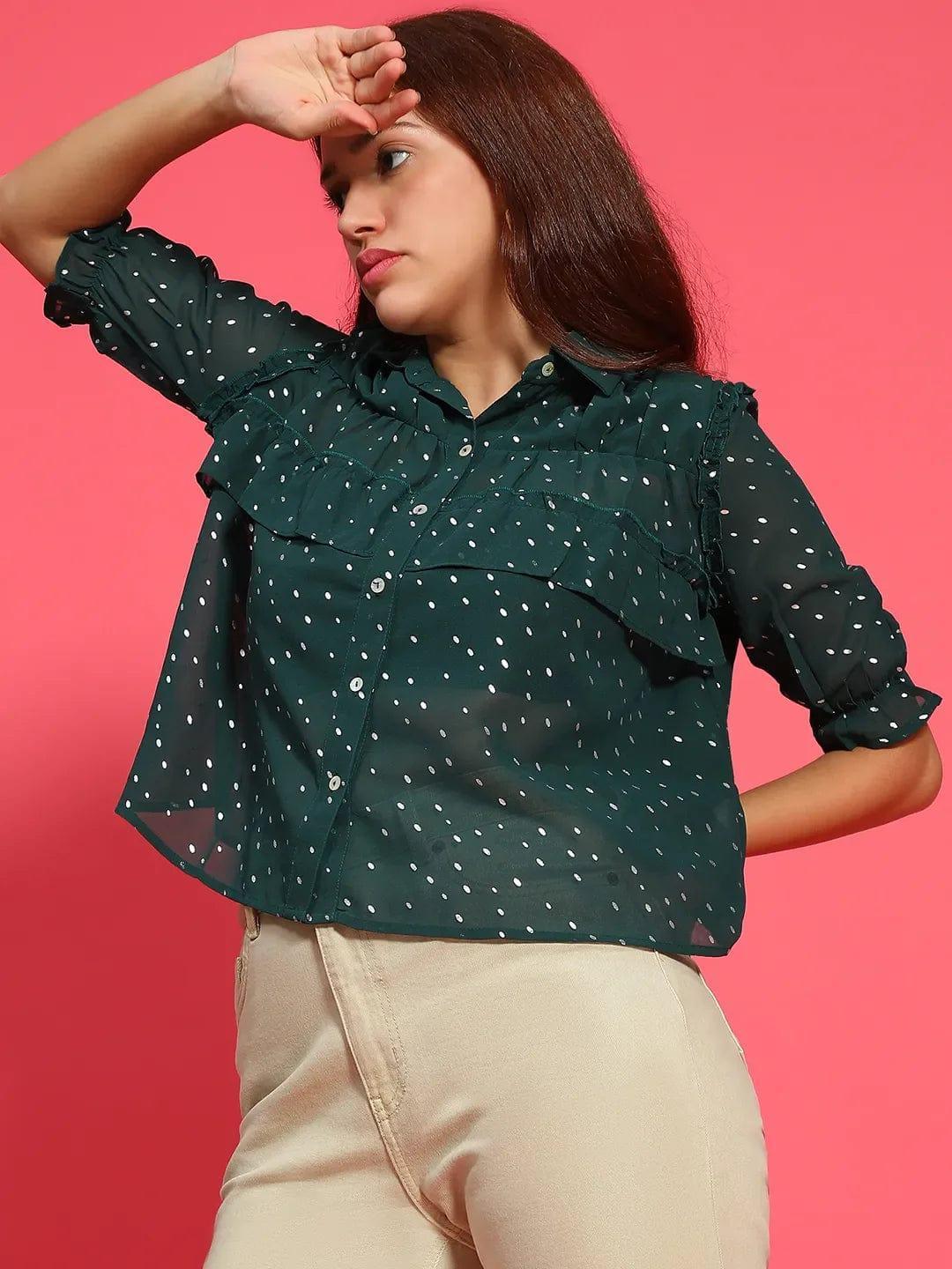 Glimmering Green Ruffle Detail Foil Print Women Party Wear Shirt - oxolloxo
