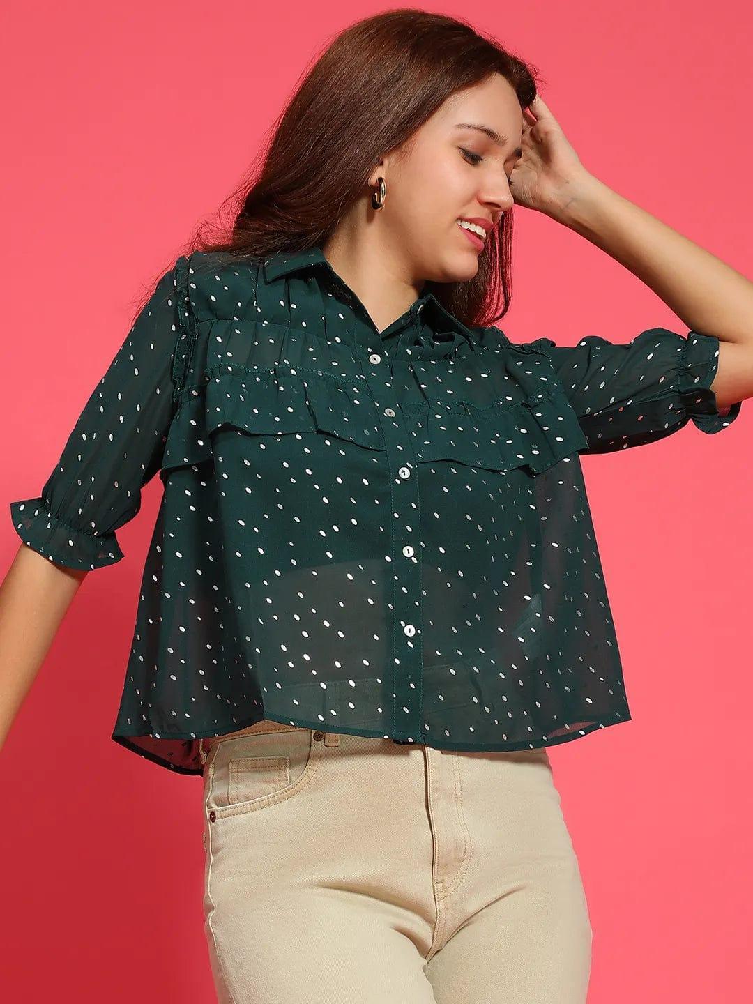 Glimmering Green Ruffle Detail Foil Print Women Party Wear Shirt - oxolloxo