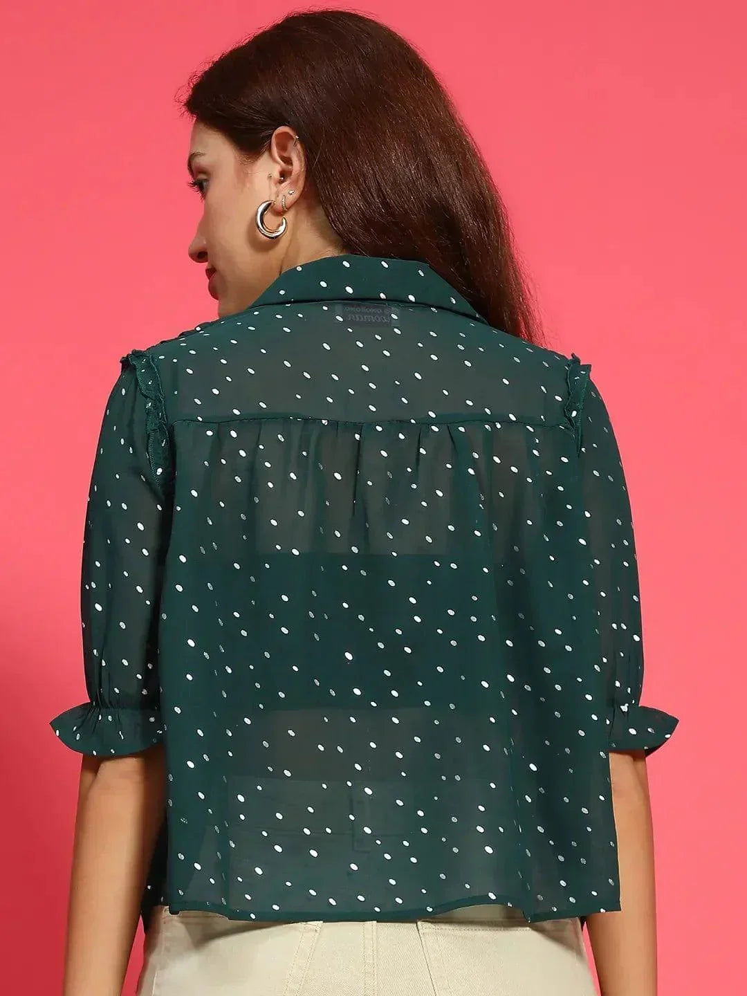 Glimmering Green Ruffle Detail Foil Print Women Party Wear Shirt - oxolloxo