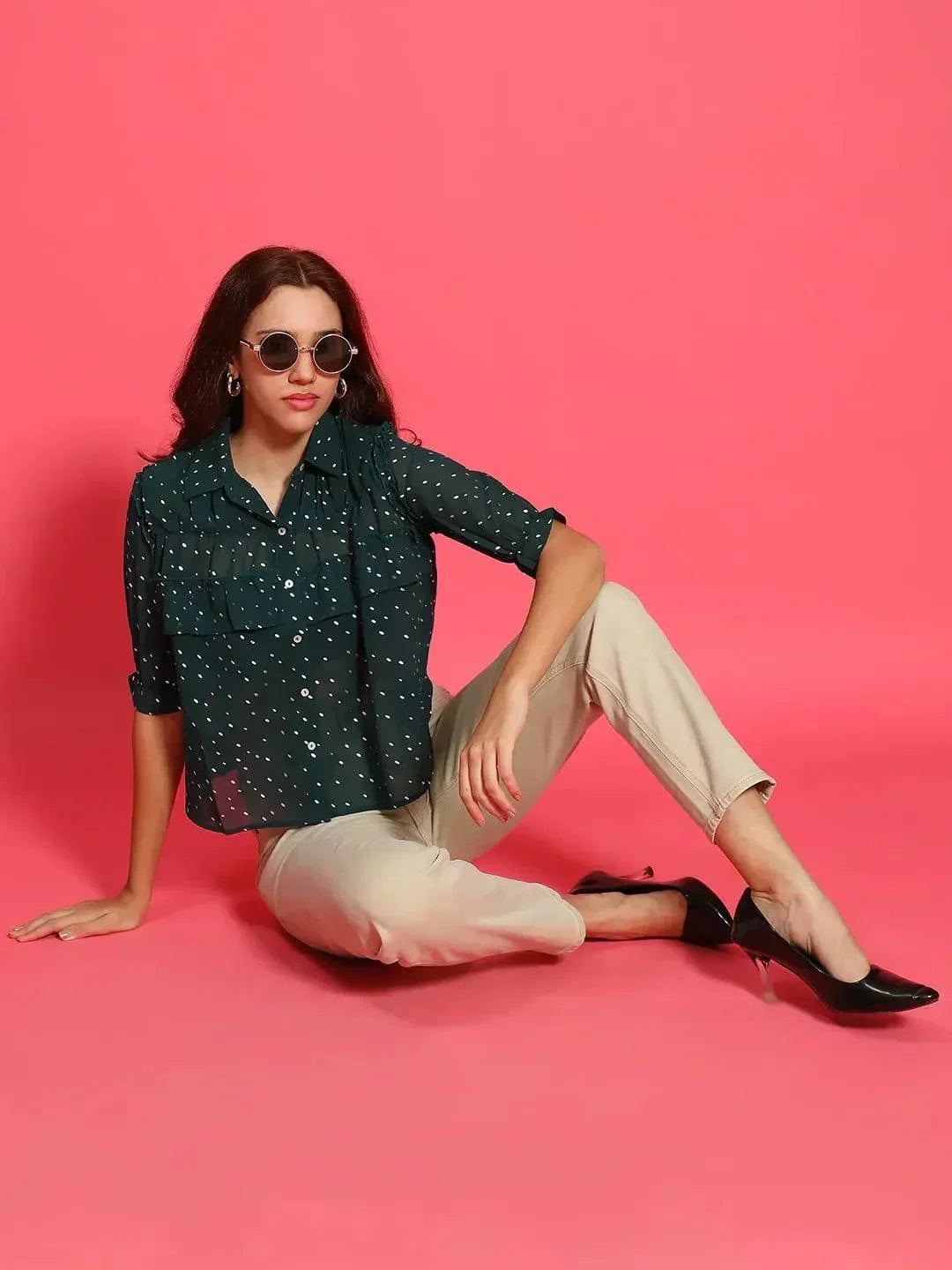 Glimmering Green Ruffle Detail Foil Print Women Party Wear Shirt - oxolloxo