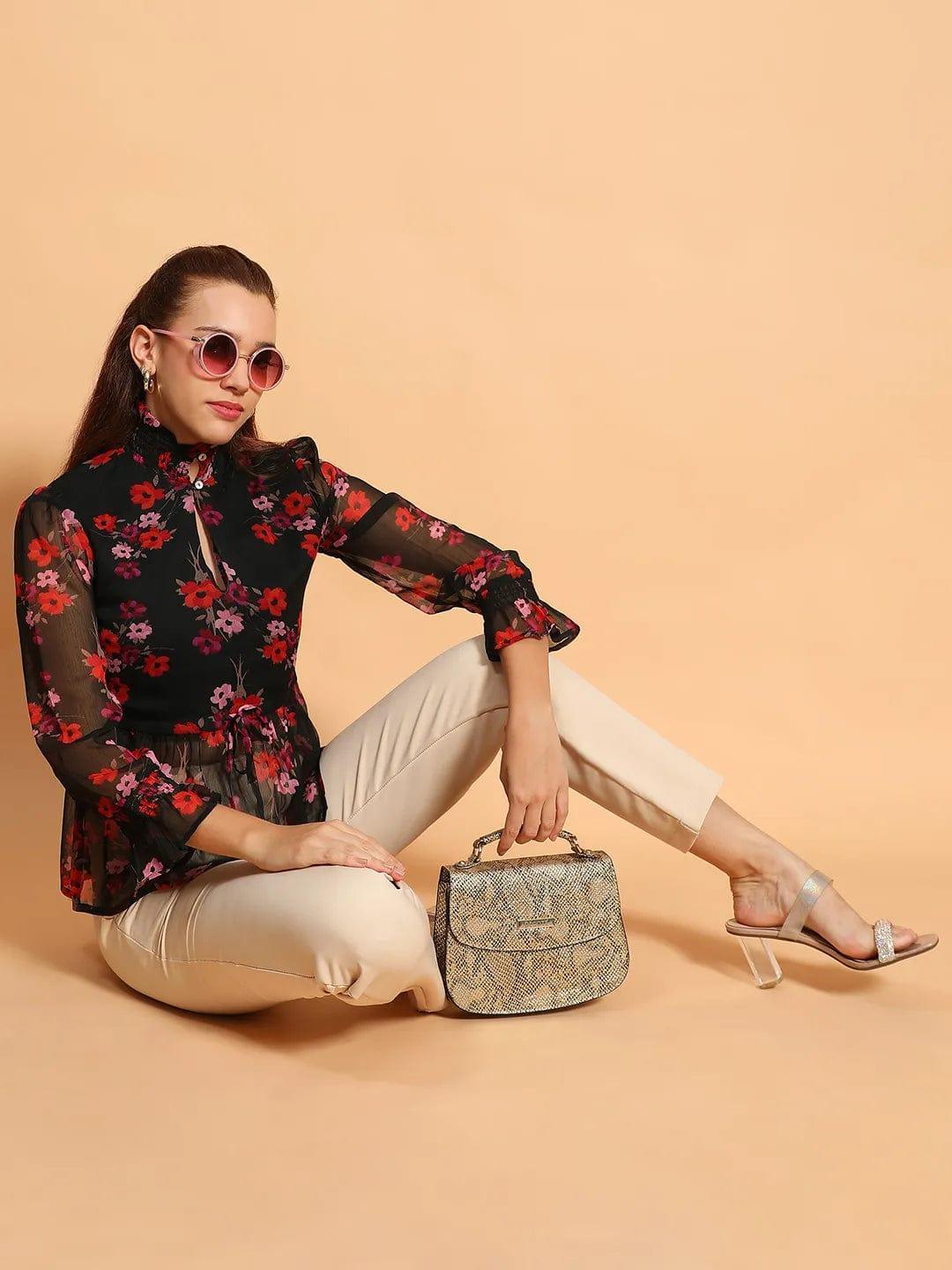 Black Floral Printed Top