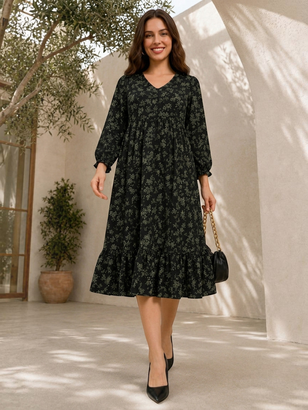Black floral midi dress with long sleeves, ruffled hem, and V-neck for women's fashion