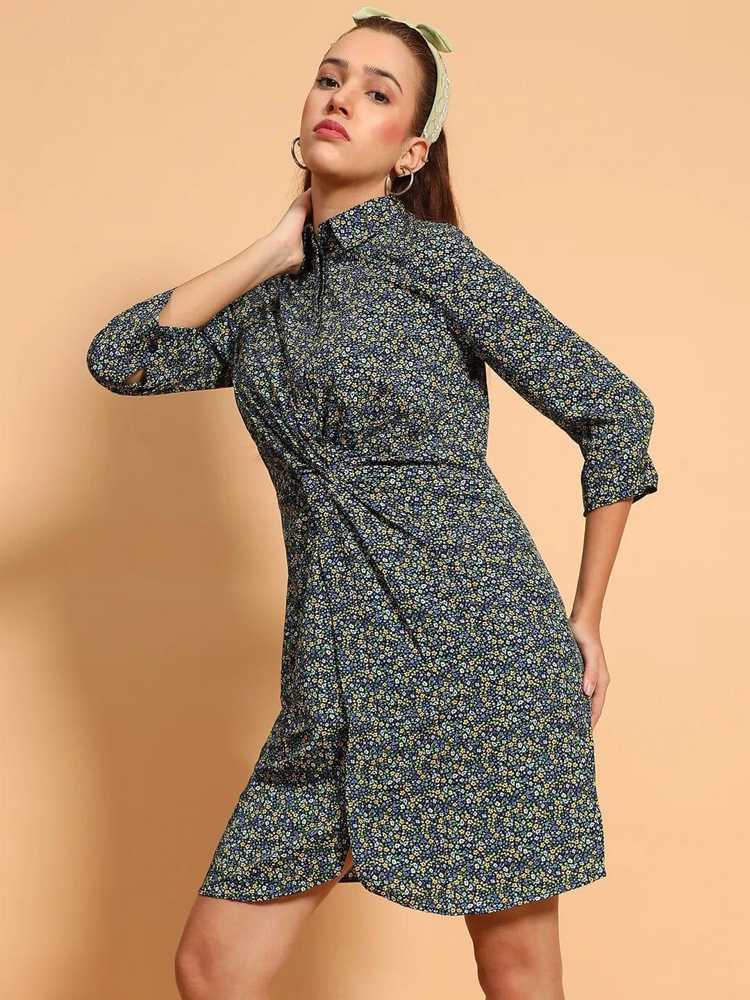 Designer Green Floral Print Gather Pleated Style Button Down Shirt Women Dress - oxolloxo