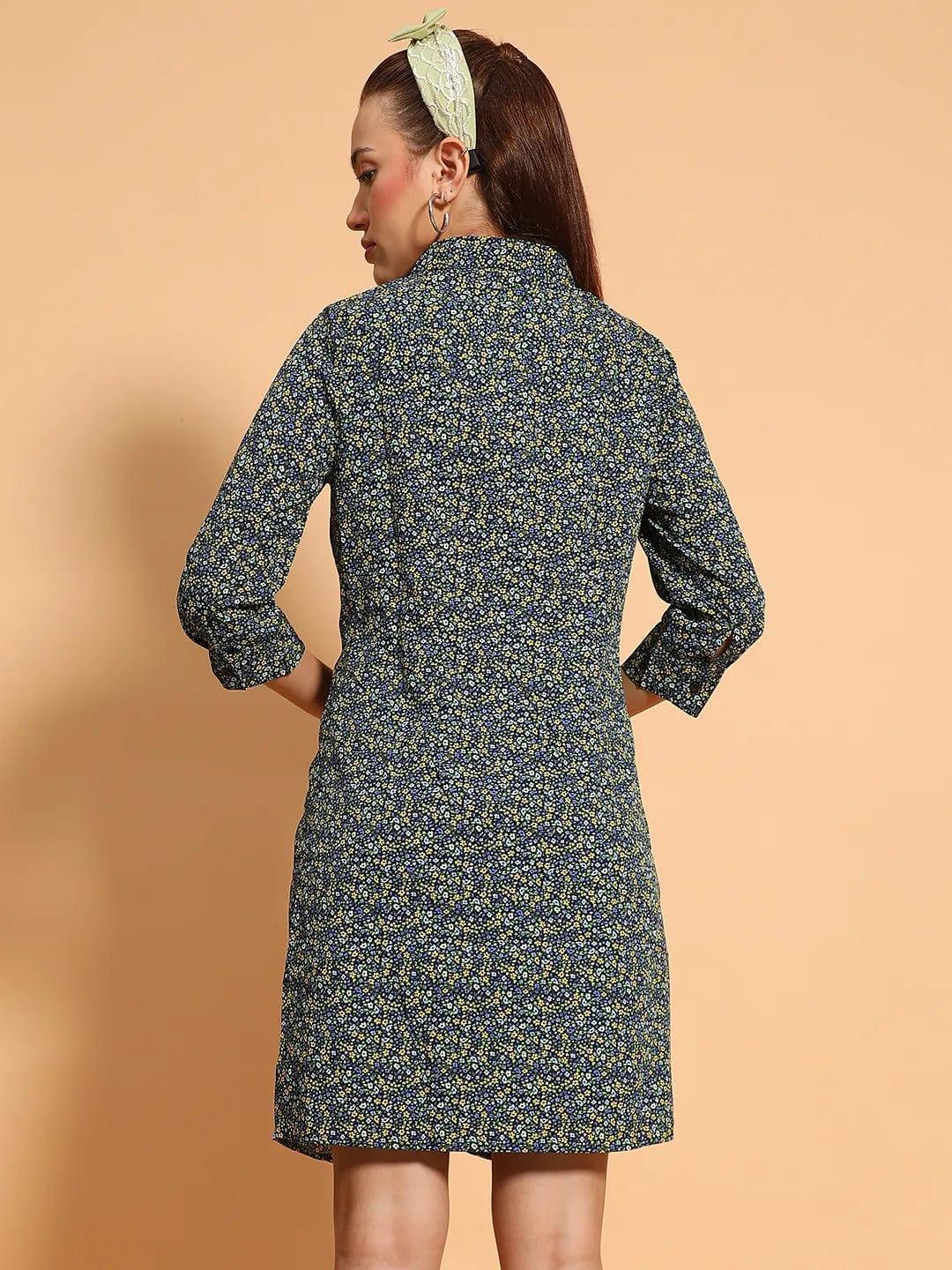 Designer Green Floral Print Gather Pleated Style Button Down Shirt Women Dress - oxolloxo