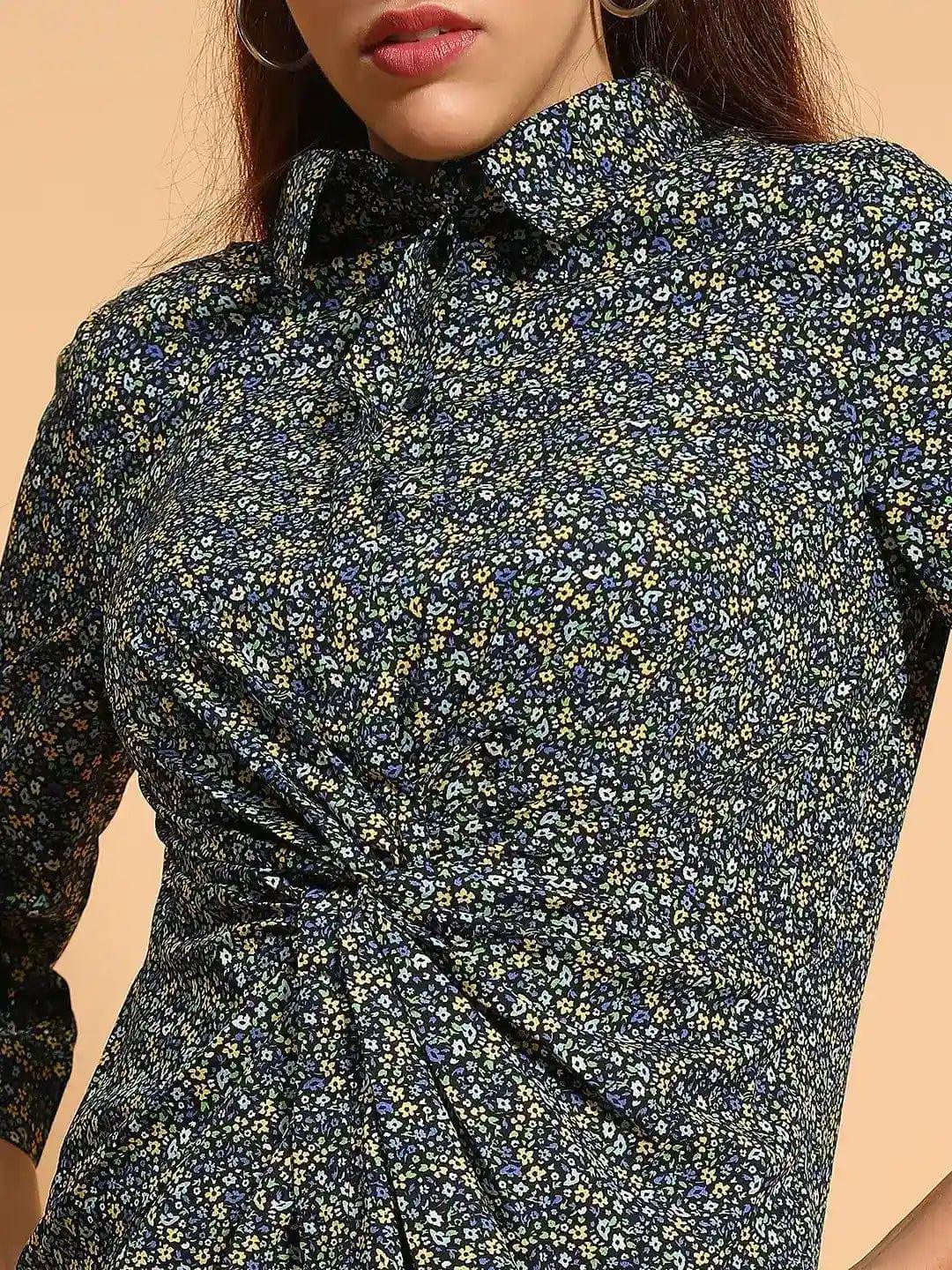 Designer Green Floral Print Gather Pleated Style Button Down Shirt Women Dress - oxolloxo