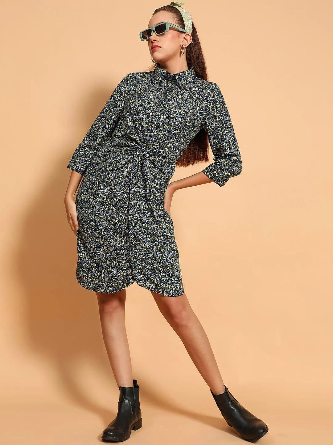 Designer Green Floral Print Gather Pleated Style Button Down Shirt Women Dress - oxolloxo