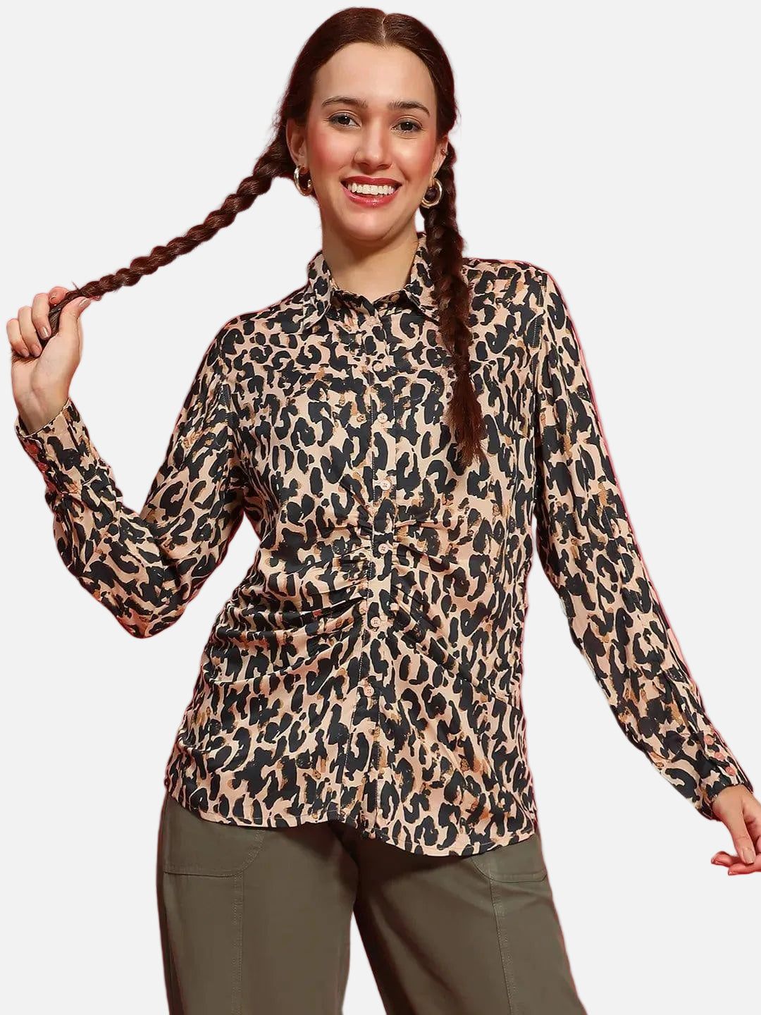 Multicolor Animal Print Long Sleeve Gather Style Shirt Women Shirt - oxolloxo