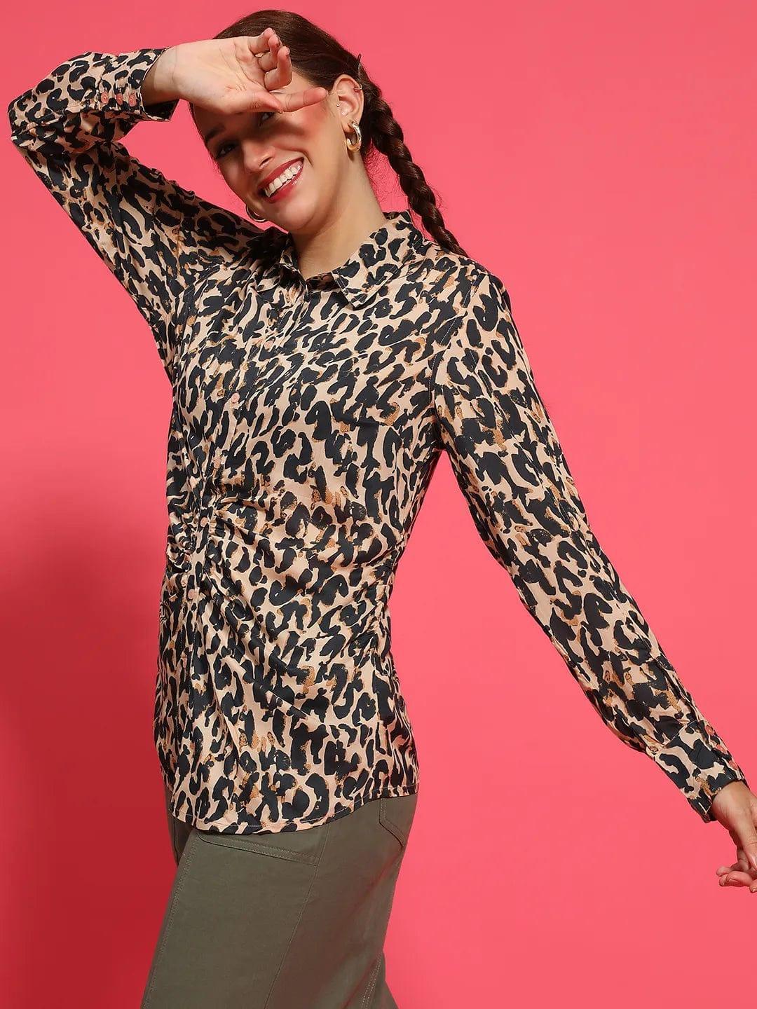 Multicolor Animal Print Long Sleeve Gather Style Shirt Women Shirt - oxolloxo