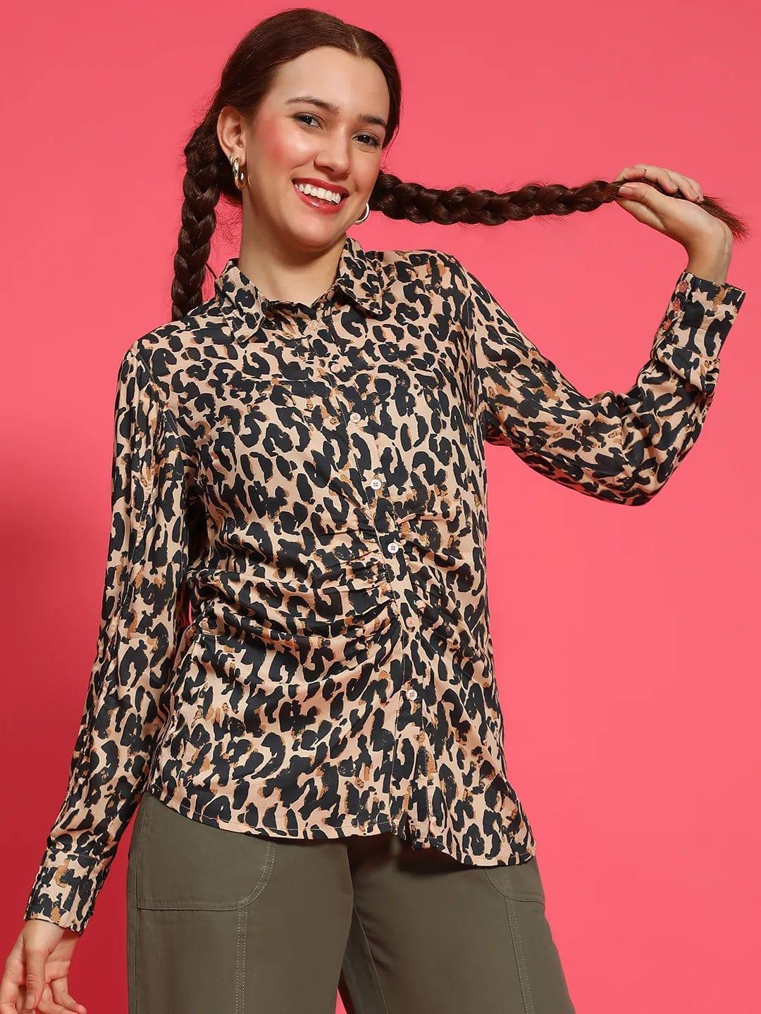 Multicolor Animal Print Long Sleeve Gather Style Shirt Women Shirt - oxolloxo