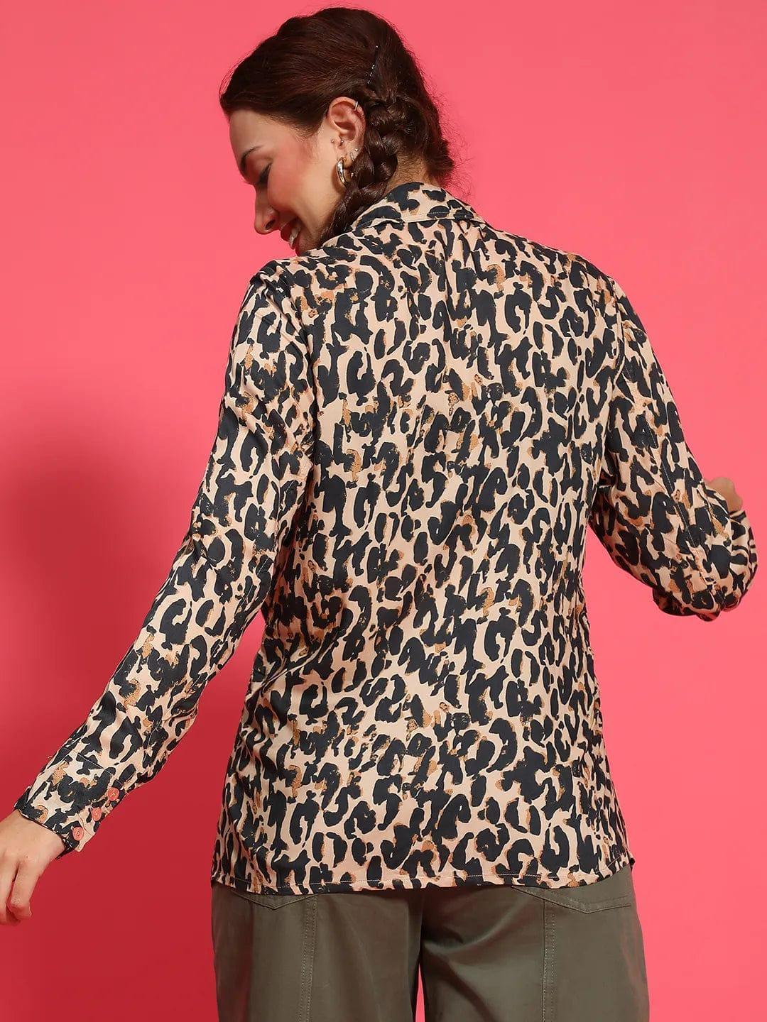Multicolor Animal Print Long Sleeve Gather Style Shirt Women Shirt - oxolloxo