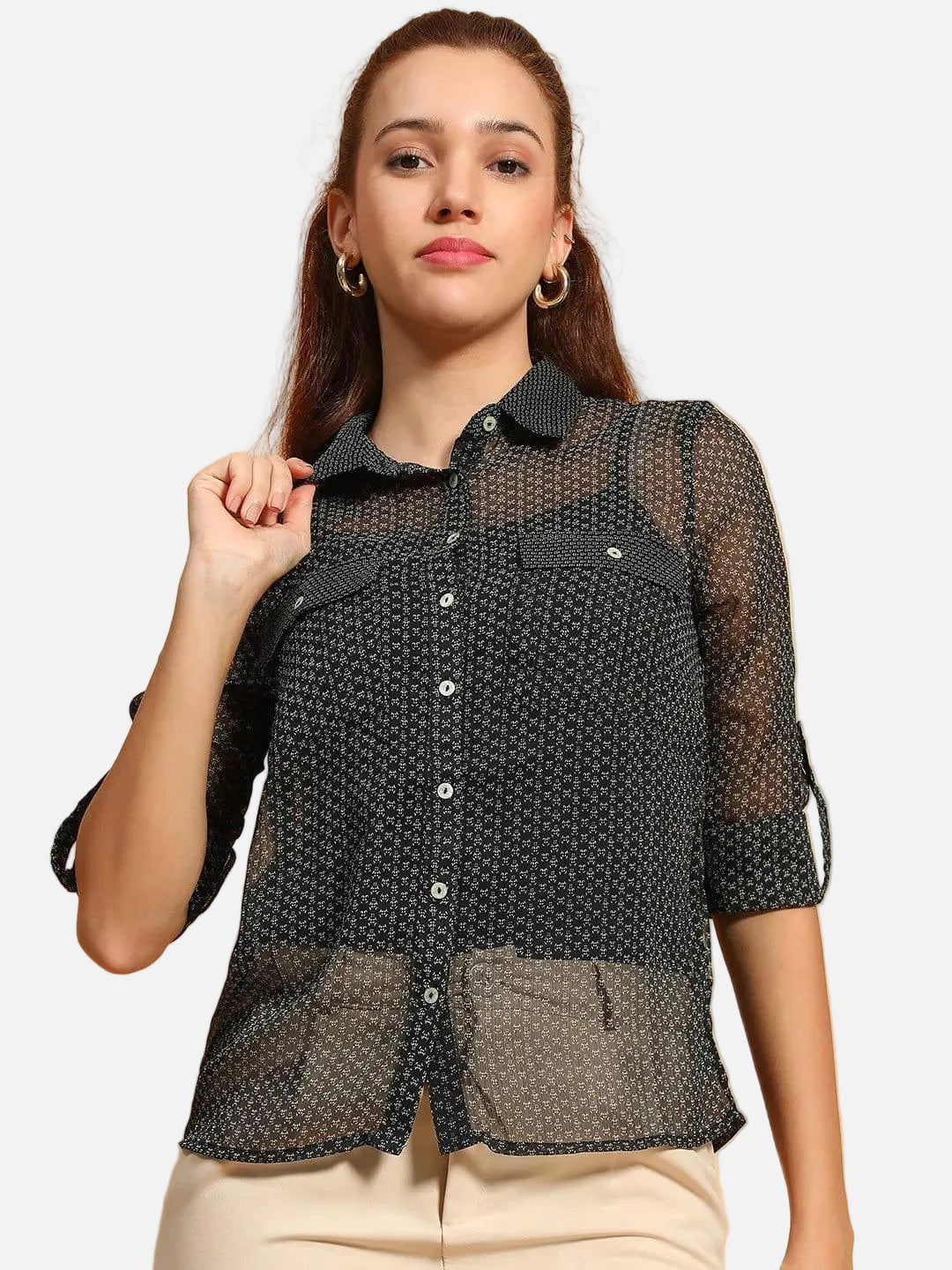 Black Printed Collared Button Down Women Sheer Shirt - oxolloxo