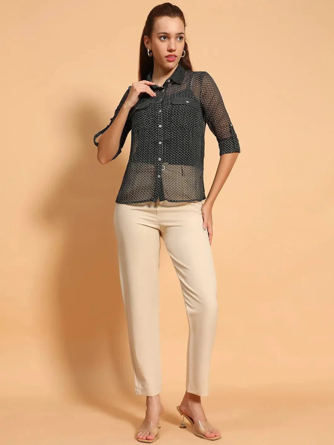 Black Printed Collared Button Down Women Sheer Shirt - oxolloxo