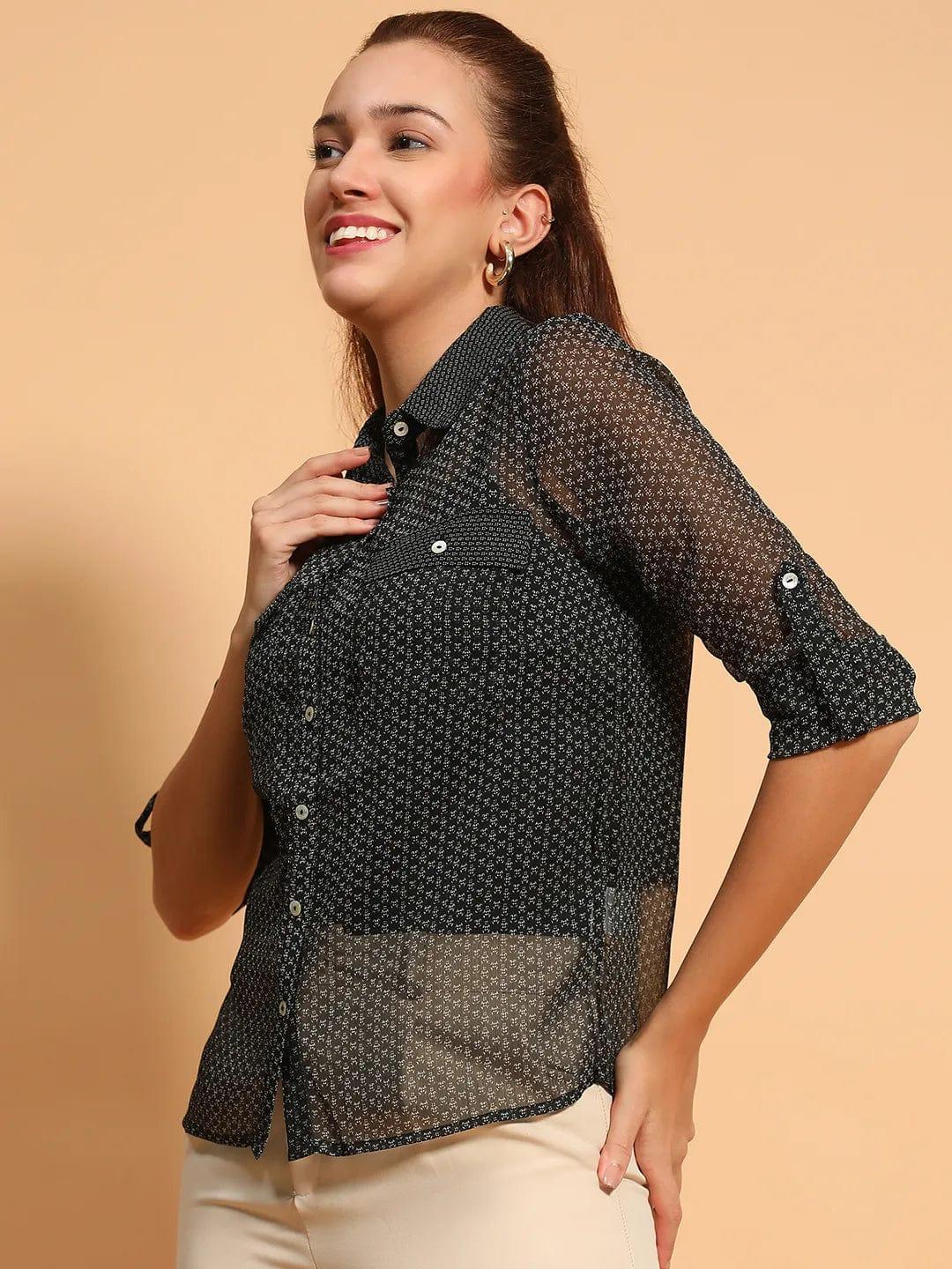 Black Printed Collared Button Down Women Sheer Shirt - oxolloxo