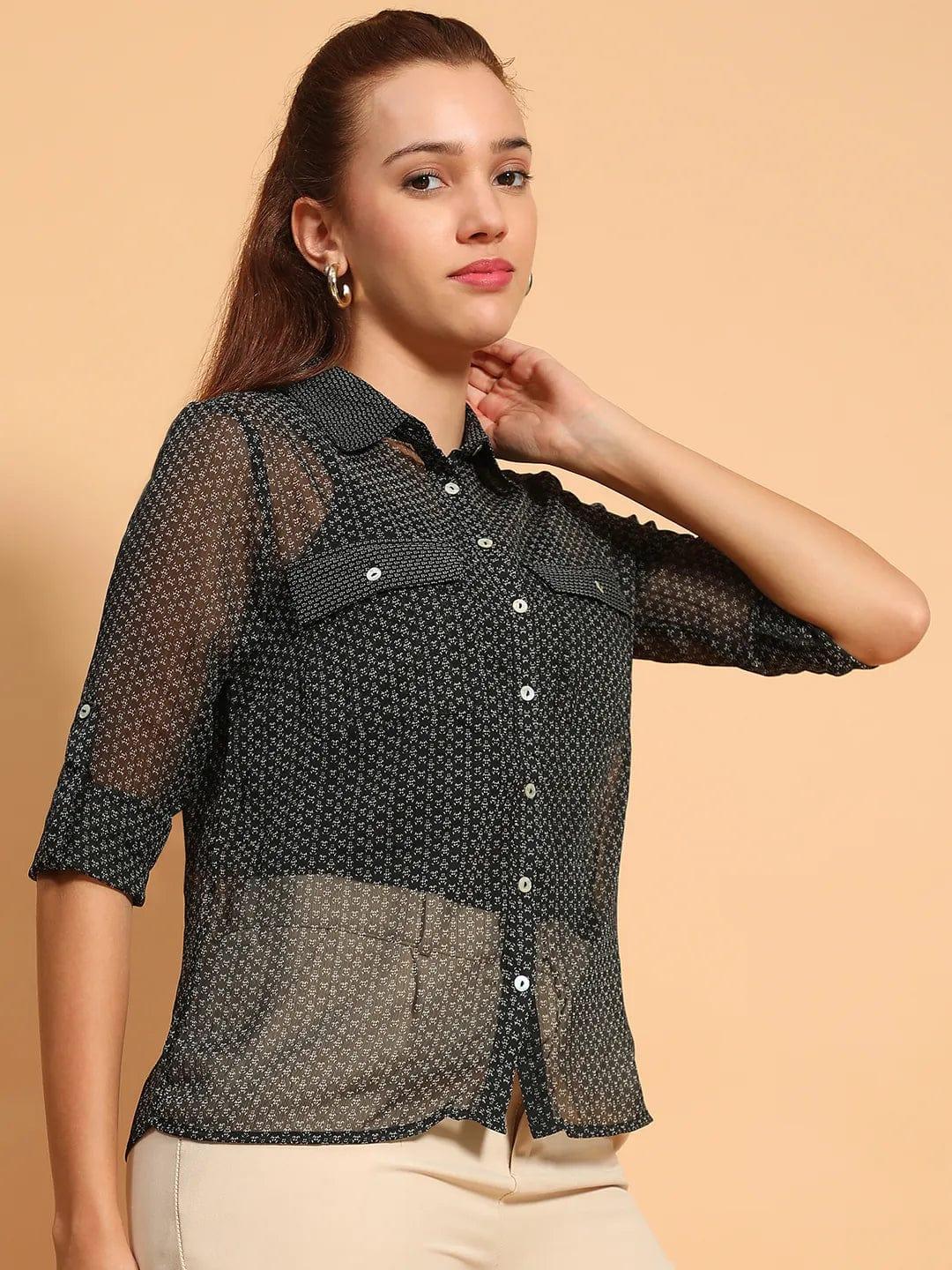 Black Printed Collared Button Down Women Sheer Shirt - oxolloxo