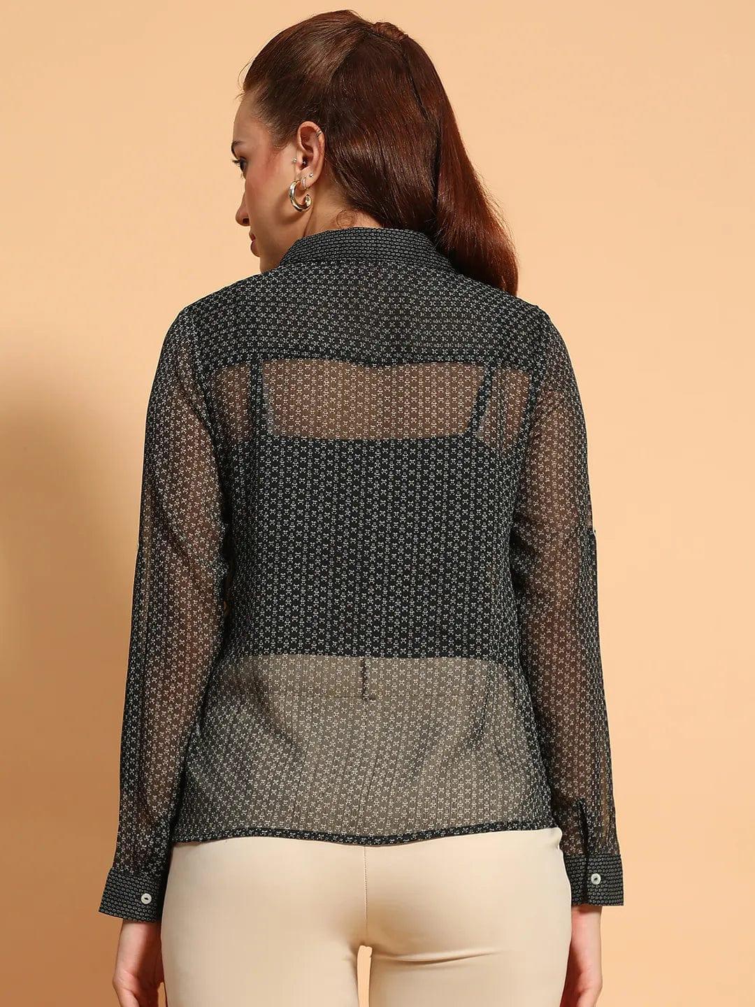 Black Printed Collared Button Down Women Sheer Shirt - oxolloxo