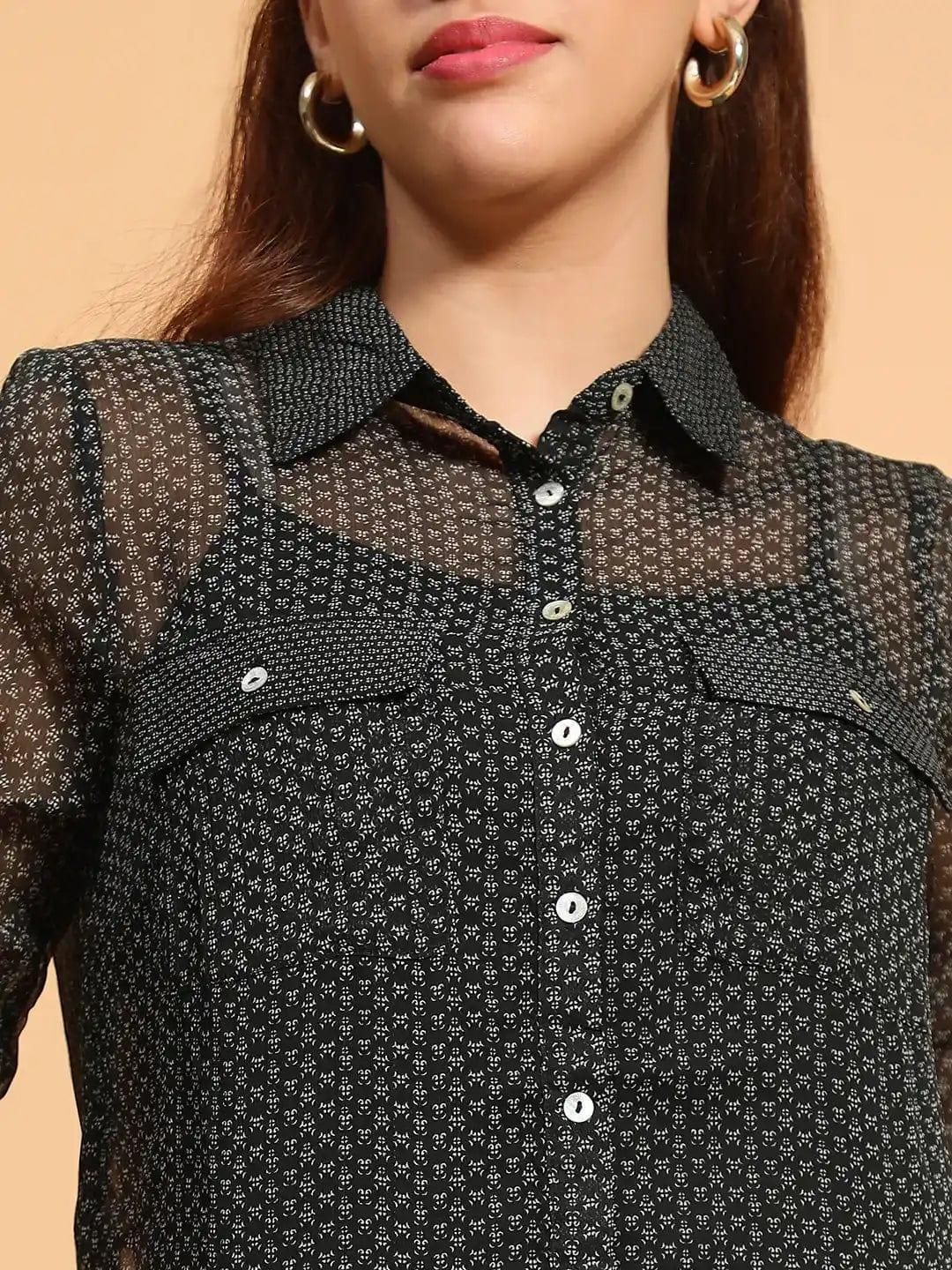 Black Printed Collared Button Down Women Sheer Shirt - oxolloxo