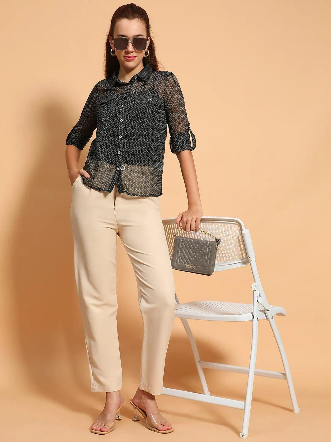 Black Printed Collared Button Down Women Sheer Shirt - oxolloxo