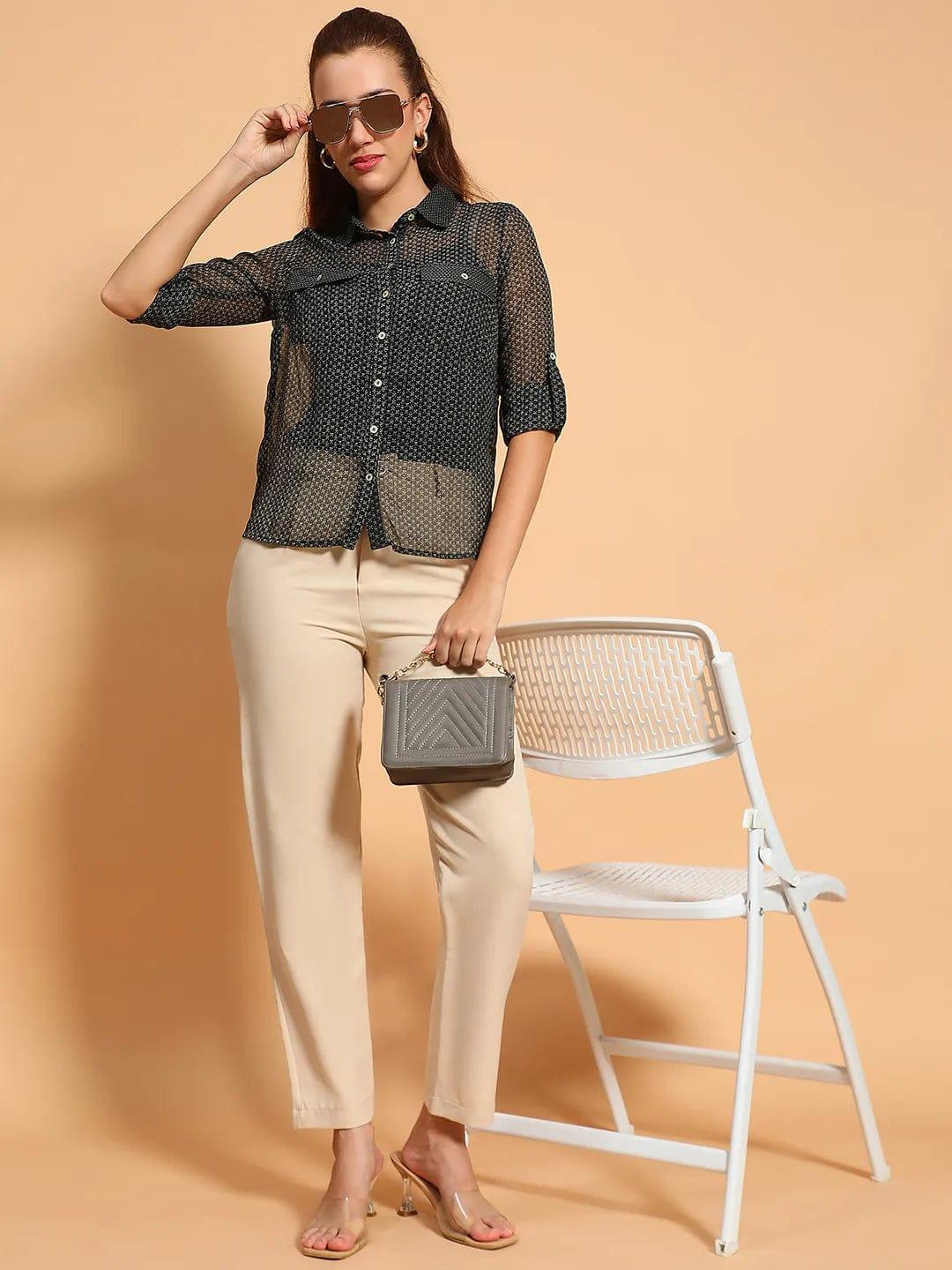 Black Printed Collared Button Down Women Sheer Shirt - oxolloxo