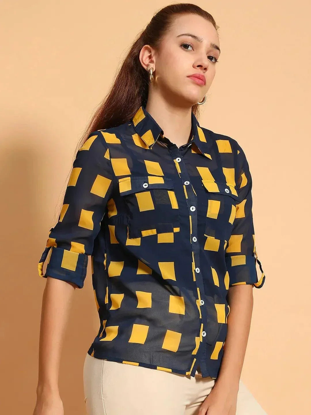 Blue Printed Collared Button Down Women Sheer Shirt - oxolloxo