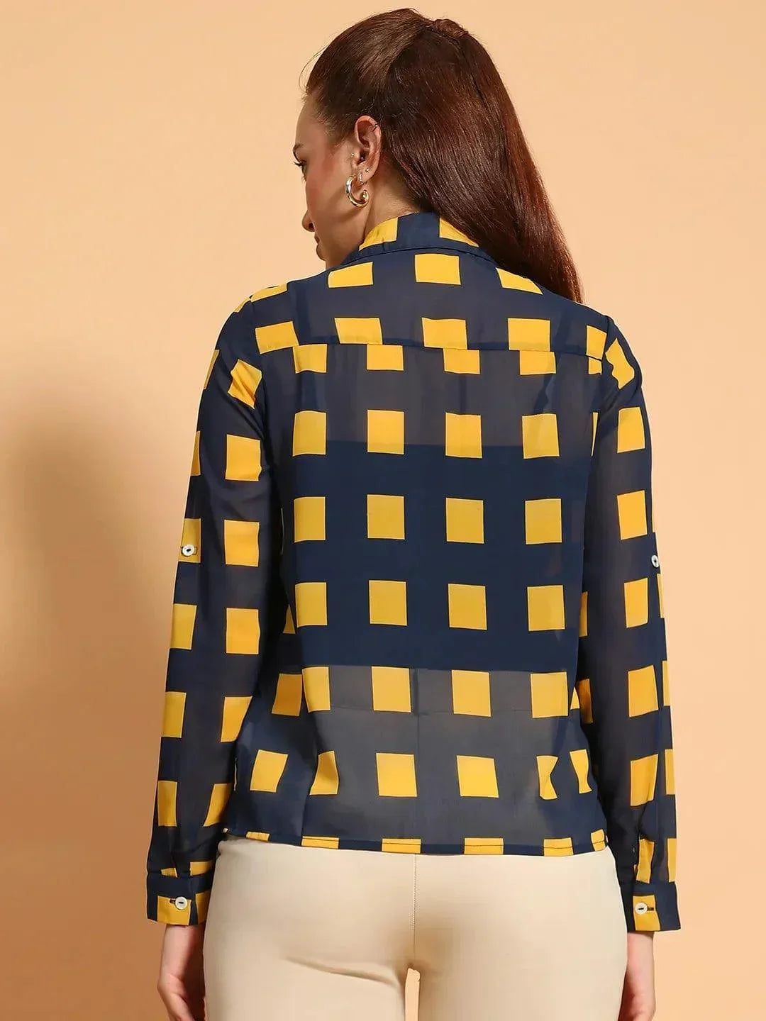 Blue Printed Collared Button Down Women Sheer Shirt - oxolloxo