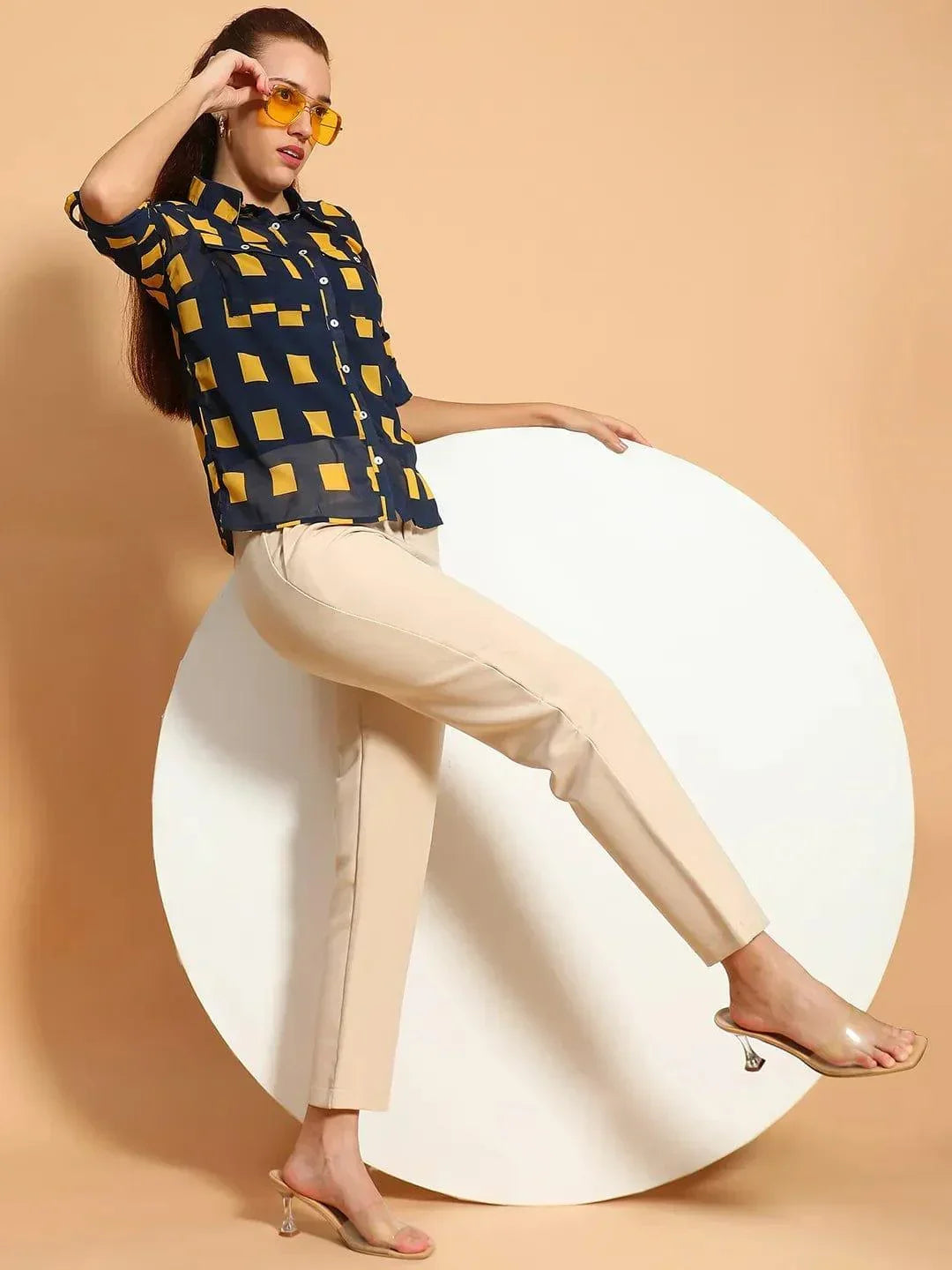 Blue Printed Collared Button Down Women Sheer Shirt - oxolloxo