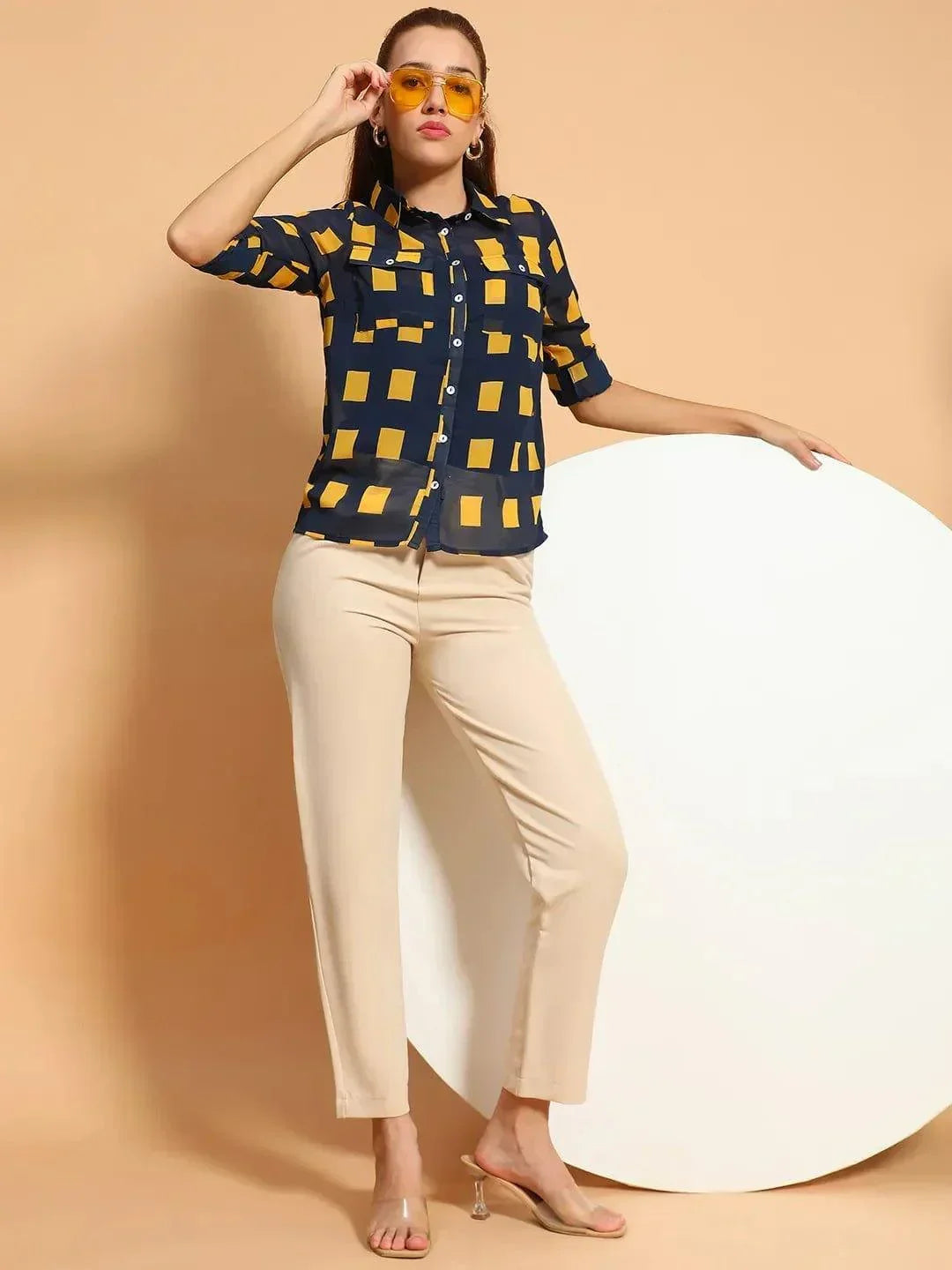 Blue Printed Collared Button Down Women Sheer Shirt - oxolloxo