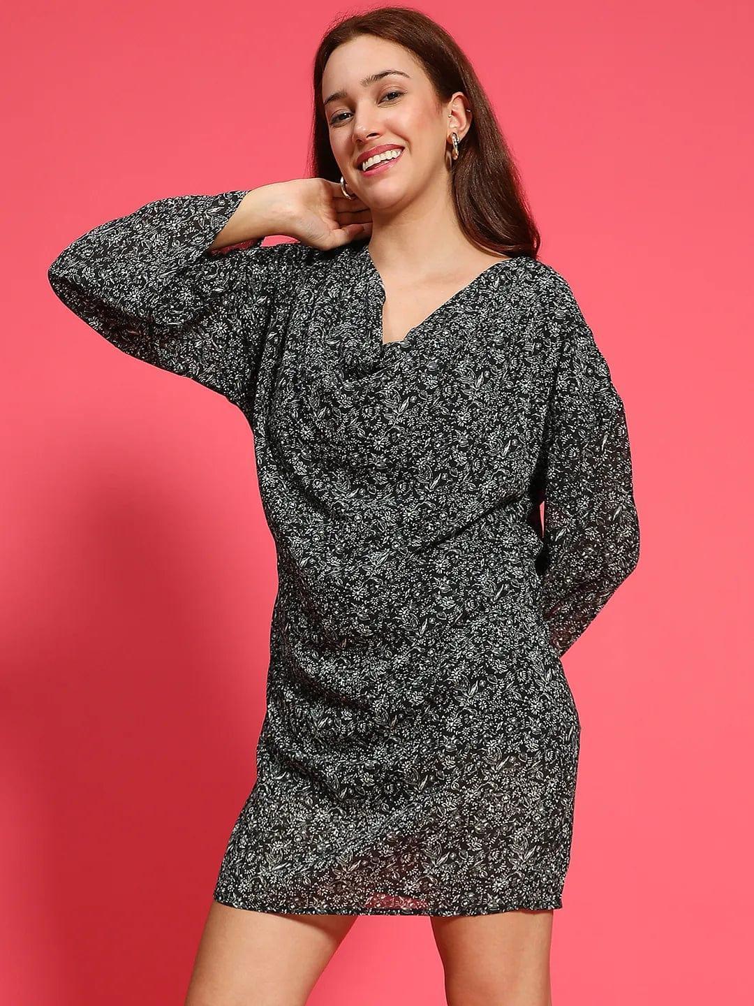 Astonishing Black Floral Print Long Sleeve Cowl Neck Women Dress - oxolloxo