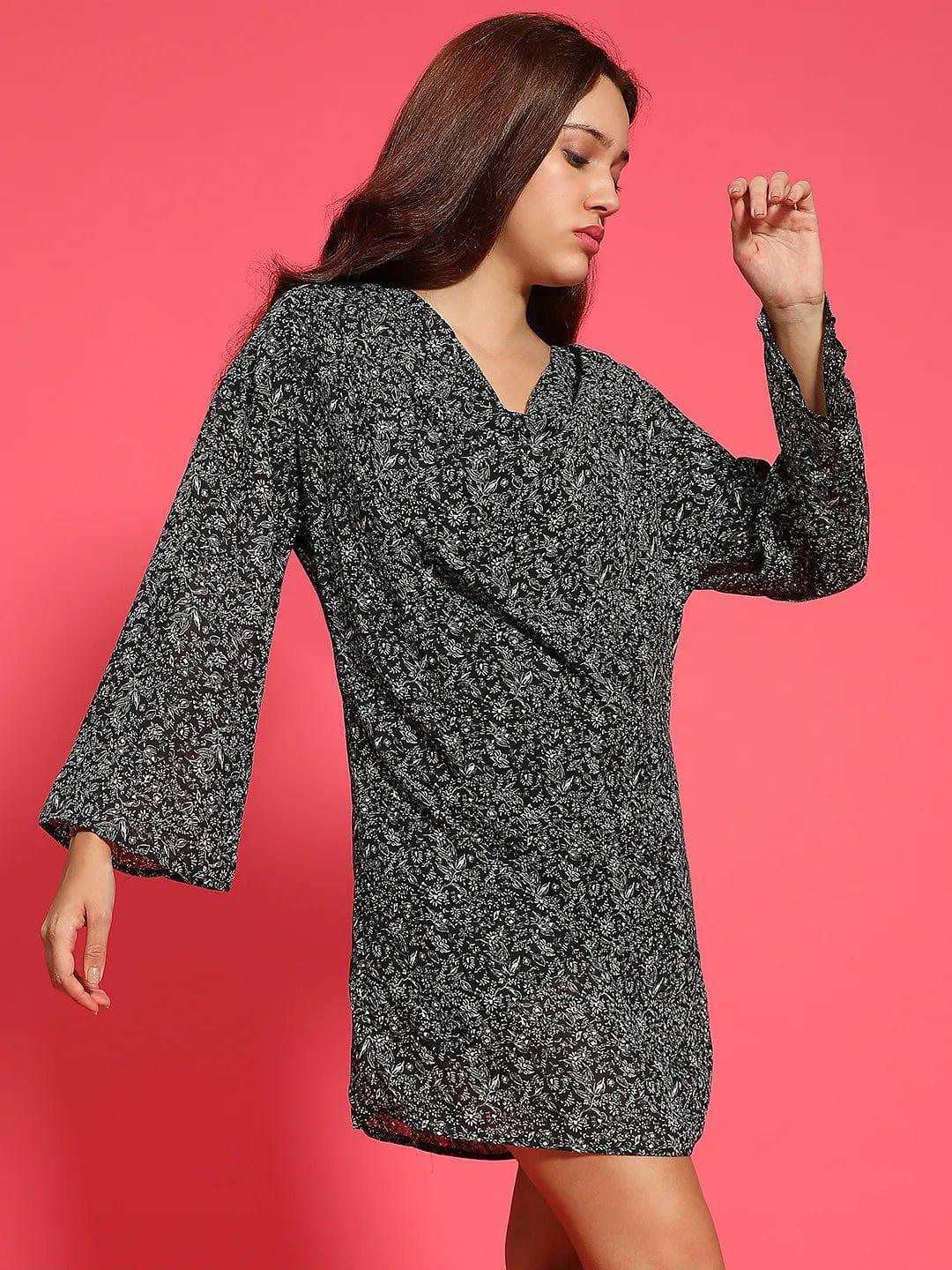 Astonishing Black Floral Print Long Sleeve Cowl Neck Women Dress - oxolloxo