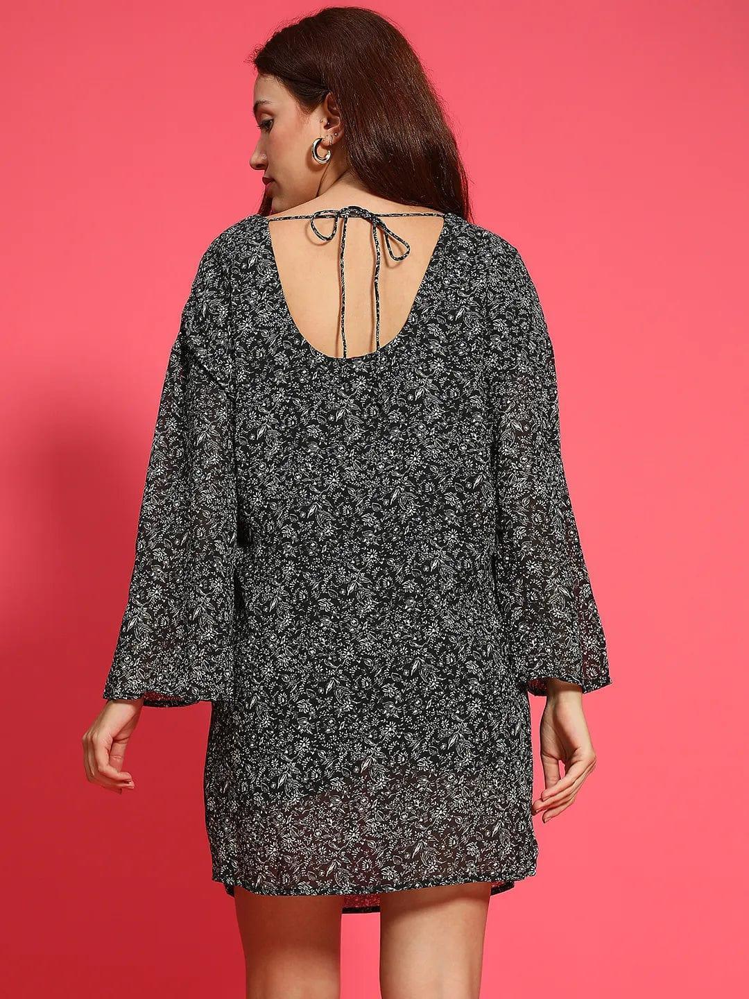 Astonishing Black Floral Print Long Sleeve Cowl Neck Women Dress - oxolloxo