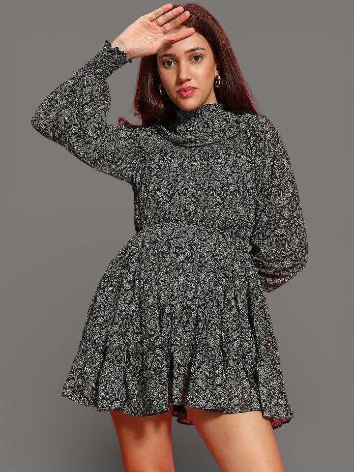Impressive Black Floral Print Long Sleeve Ruffle Detail Women Dress - oxolloxo