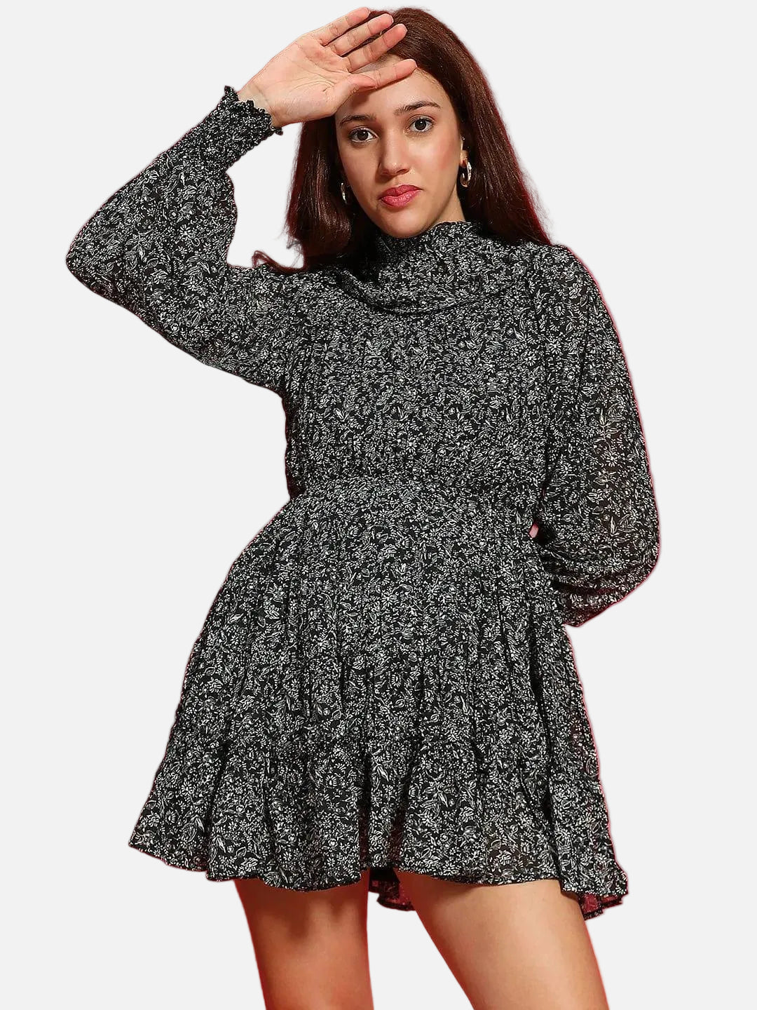 Impressive Black Floral Print Long Sleeve Ruffle Detail Women Dress - oxolloxo