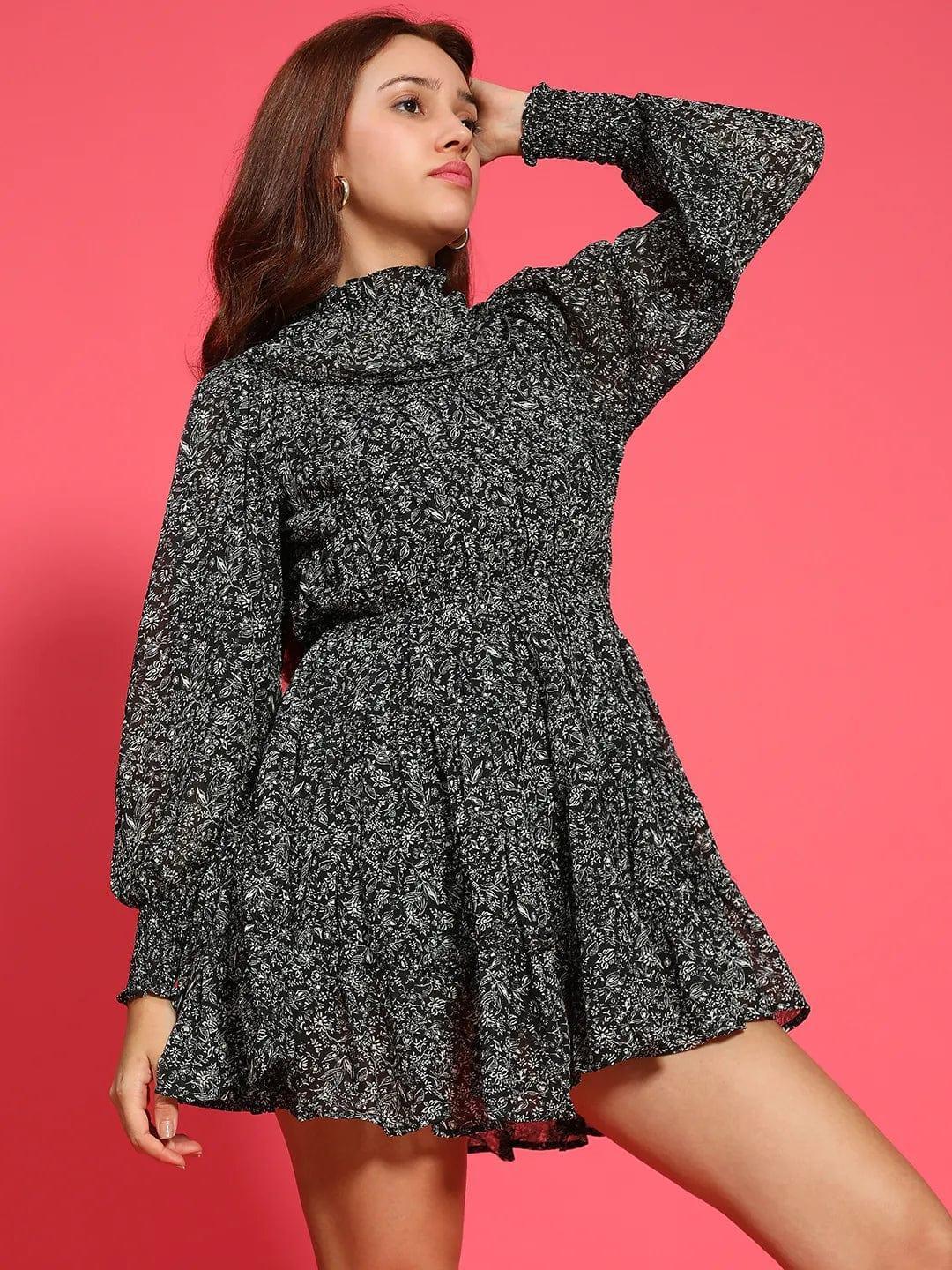 Impressive Black Floral Print Long Sleeve Ruffle Detail Women Dress - oxolloxo
