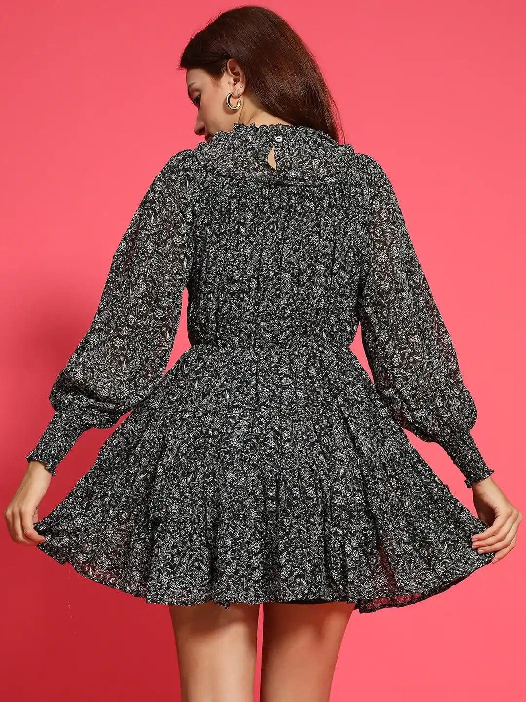 Impressive Black Floral Print Long Sleeve Ruffle Detail Women Dress - oxolloxo