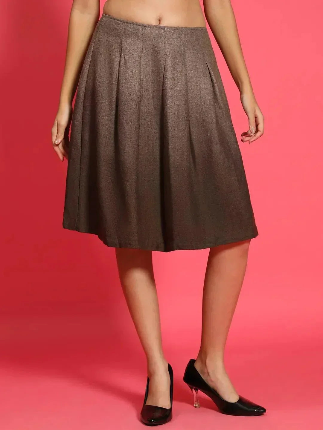 Sureak Brown Elasticated Pleated Knee length Women Skirt - oxolloxo