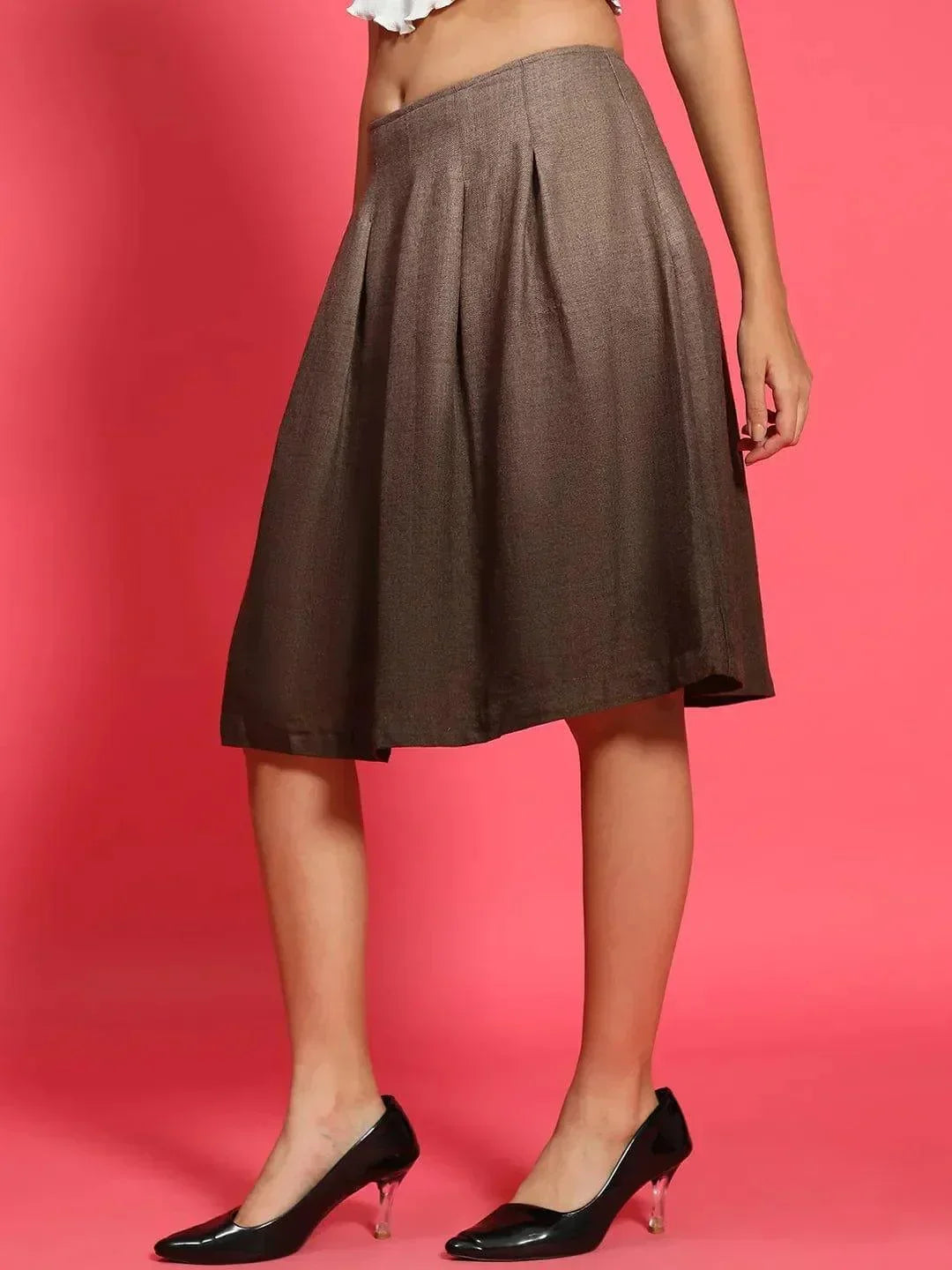 Sureak Brown Elasticated Pleated Knee length Women Skirt - oxolloxo