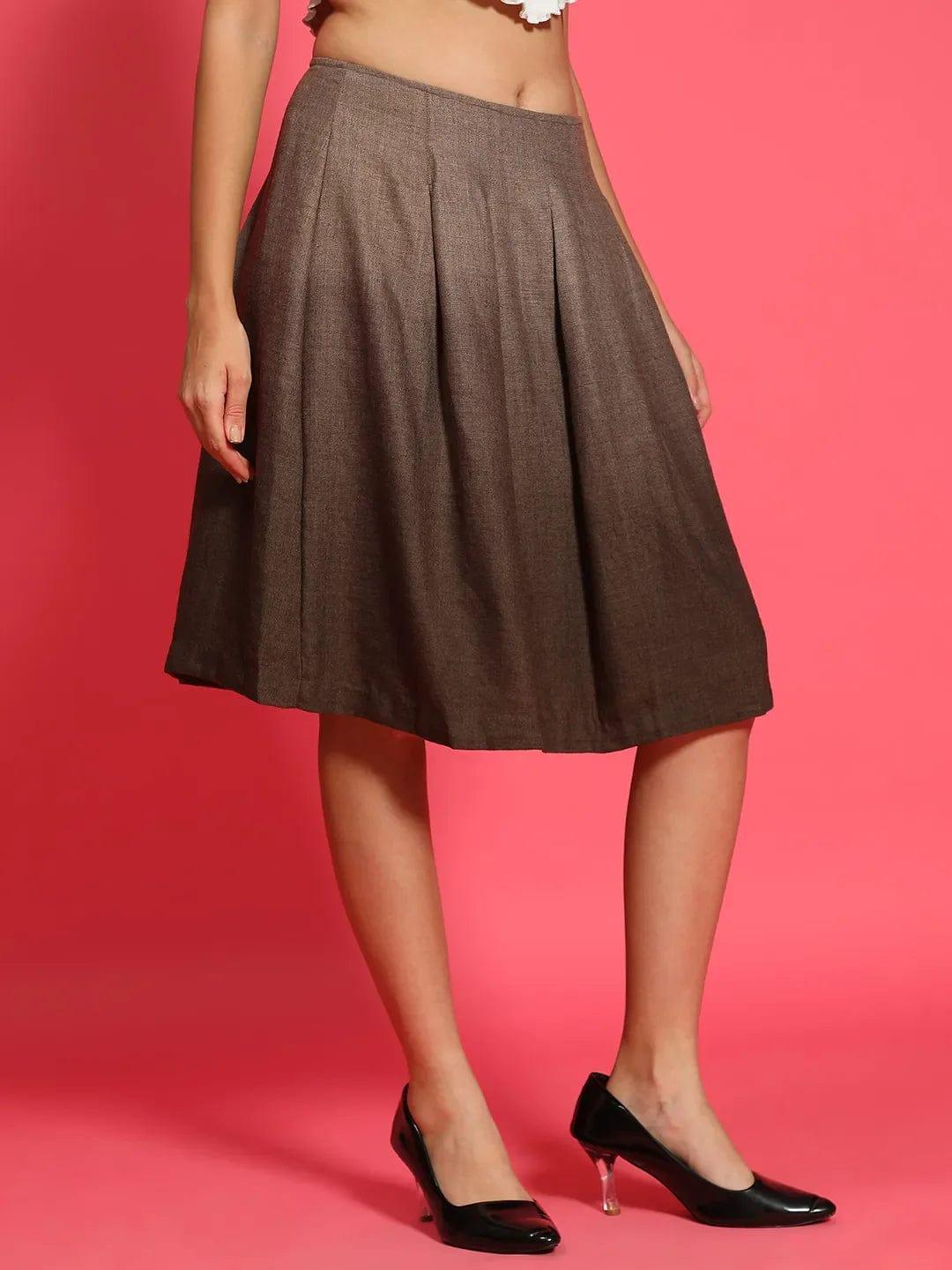 Sureak Brown Elasticated Pleated Knee length Women Skirt - oxolloxo