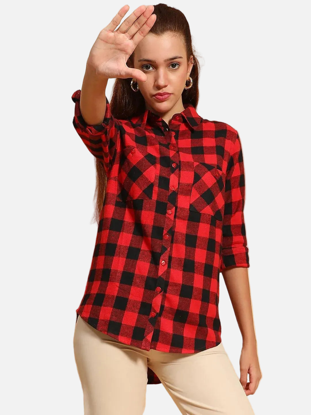 Outrageous Red Brush Check Print Collared Long Roll Up Sleeve Women Cotton Shirt - oxolloxo