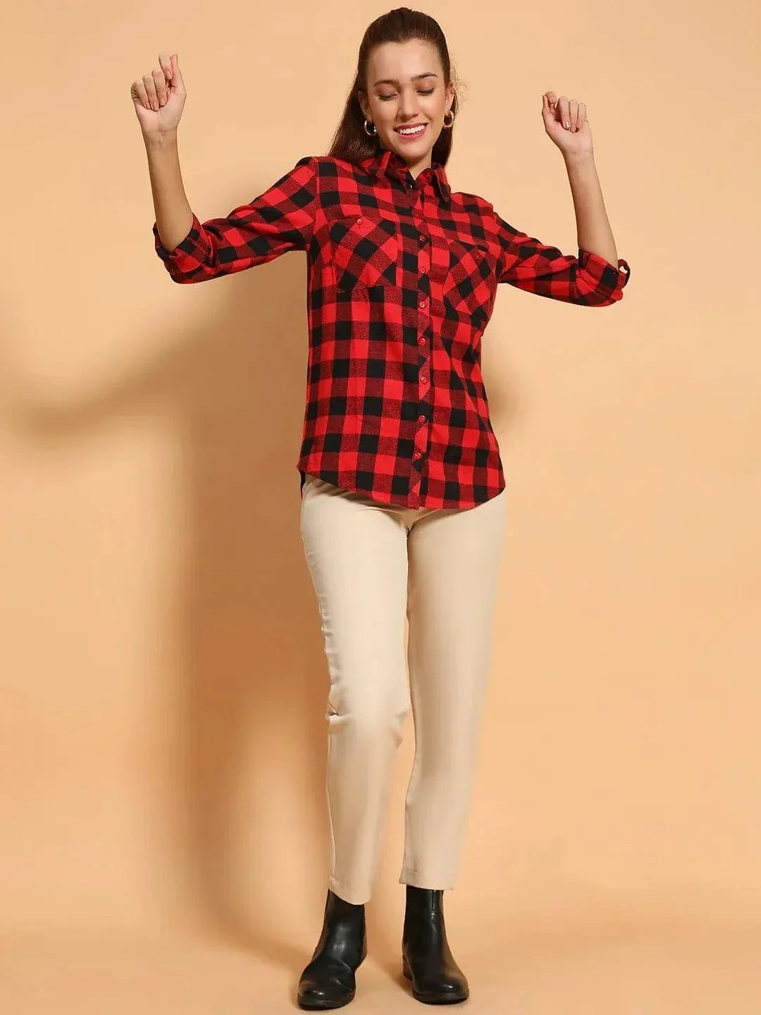 Outrageous Red Brush Check Print Collared Long Roll Up Sleeve Women Cotton Shirt   oxolloxo