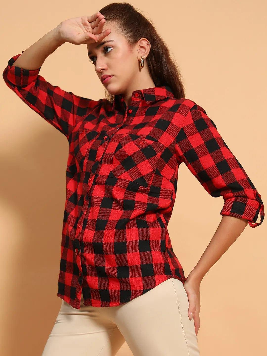 Outrageous Red Brush Check Print Collared Long Roll Up Sleeve Women Cotton Shirt   oxolloxo