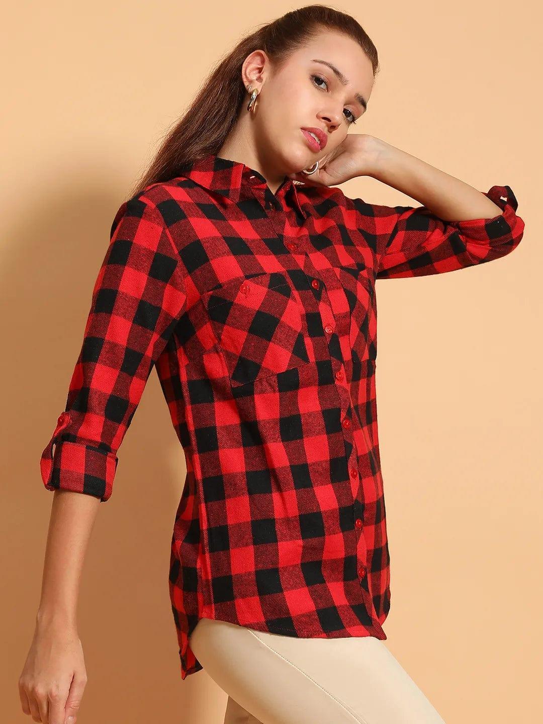 Outrageous Red Brush Check Print Collared Long Roll Up Sleeve Women Cotton Shirt   oxolloxo