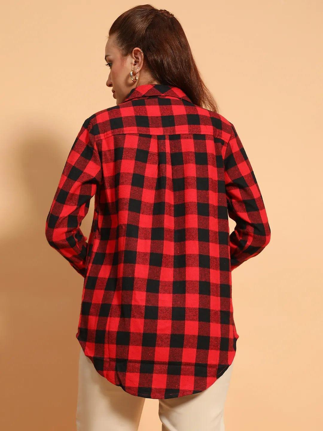 Outrageous Red Brush Check Print Collared Long Roll Up Sleeve Women Cotton Shirt   oxolloxo