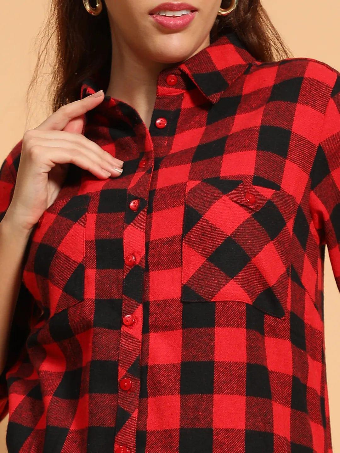 Outrageous Red Brush Check Print Collared Long Roll Up Sleeve Women Cotton Shirt   oxolloxo
