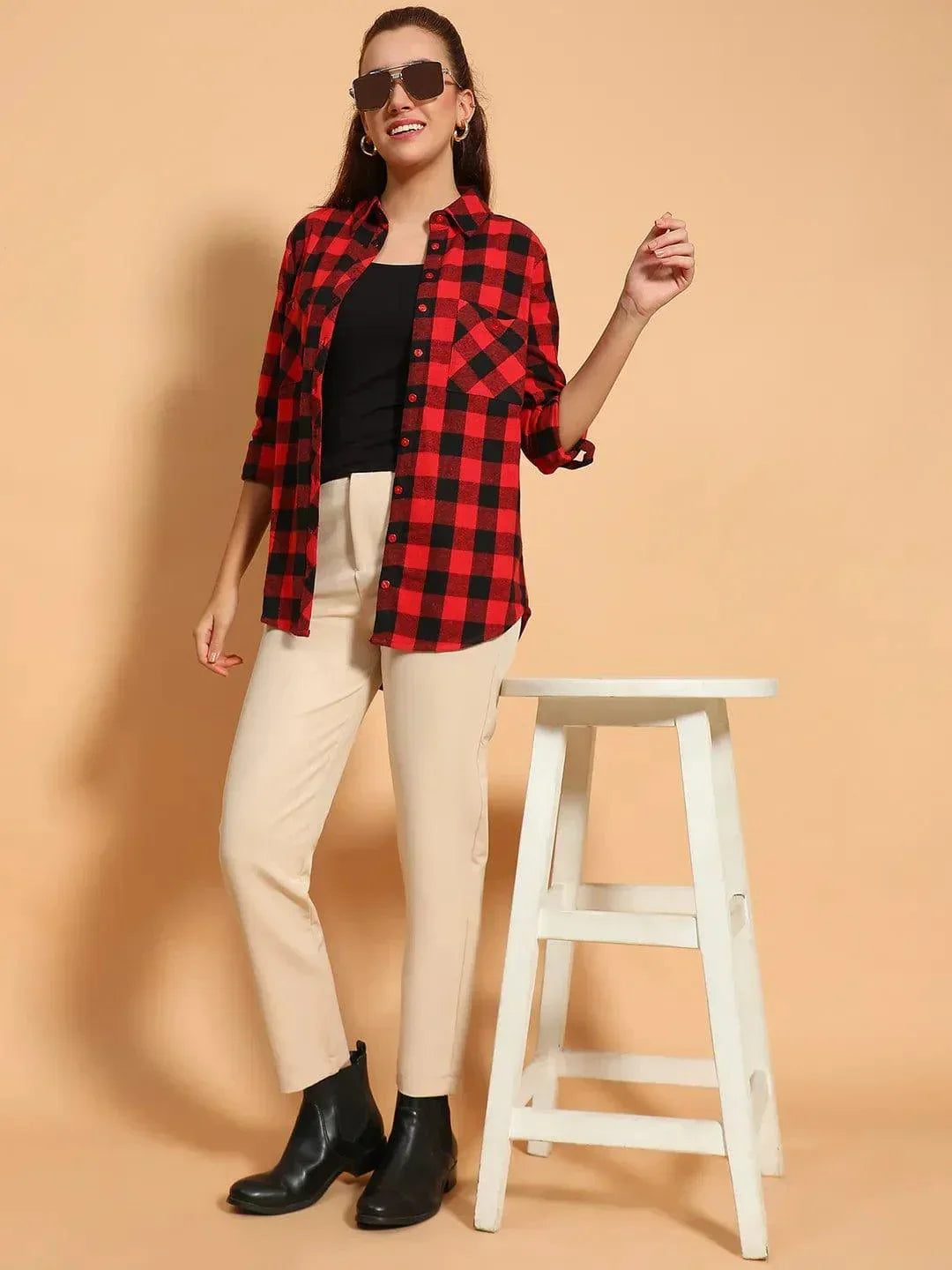 Outrageous Red Brush Check Print Collared Long Roll Up Sleeve Women Cotton Shirt   oxolloxo