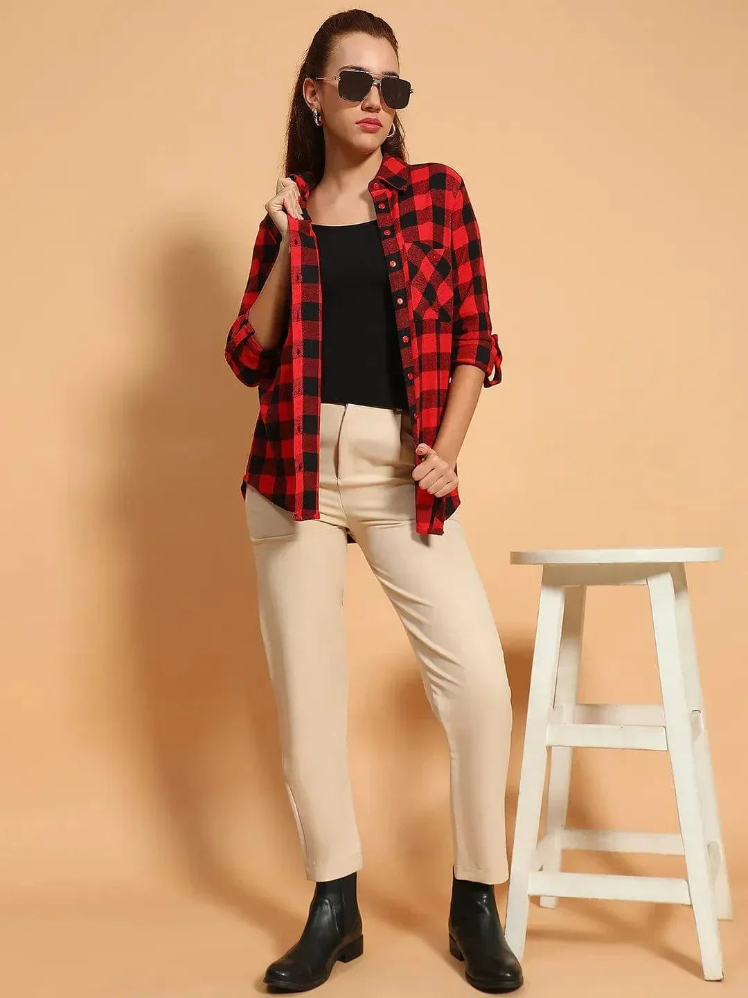 Outrageous Red Brush Check Print Collared Long Roll Up Sleeve Women Cotton Shirt   oxolloxo