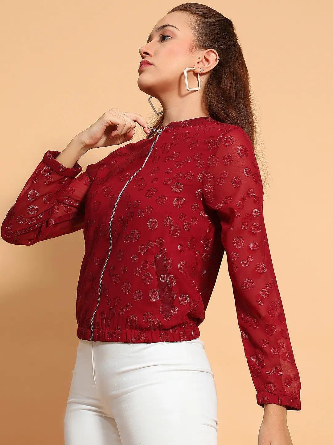 Thrilling Maroon Round Neck Long Sleeve Zip Lined Lace Detail Women Winter Wear Jacket - oxolloxo
