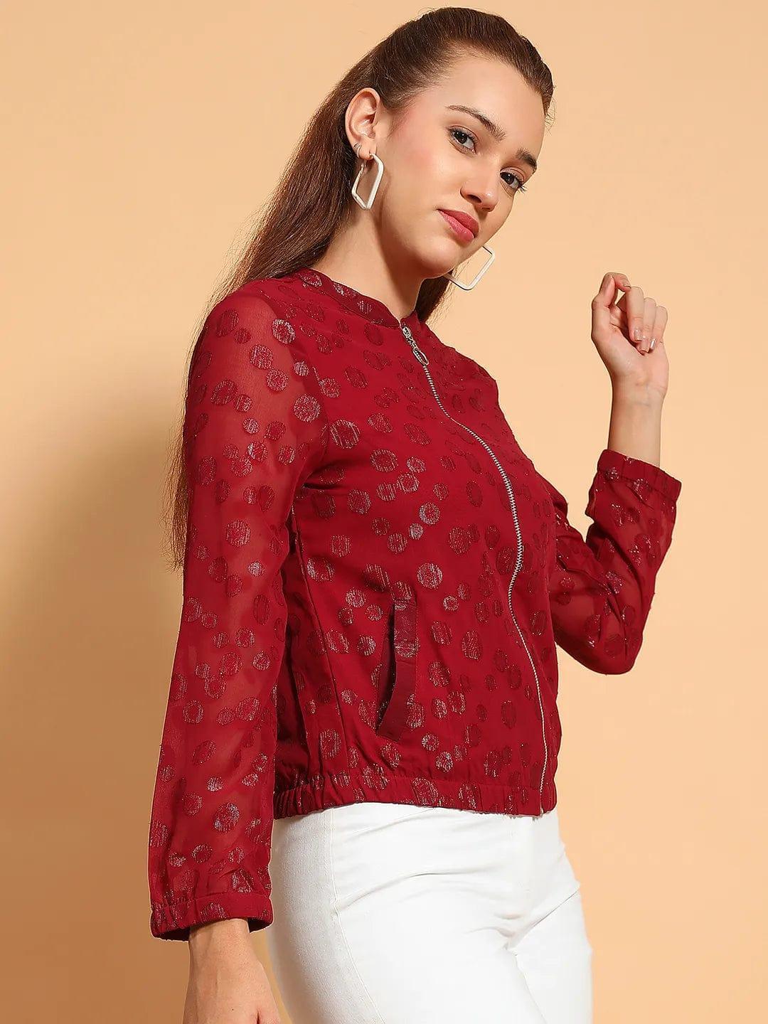 Thrilling Maroon Round Neck Long Sleeve Zip Lined Lace Detail Women Winter Wear Jacket - oxolloxo